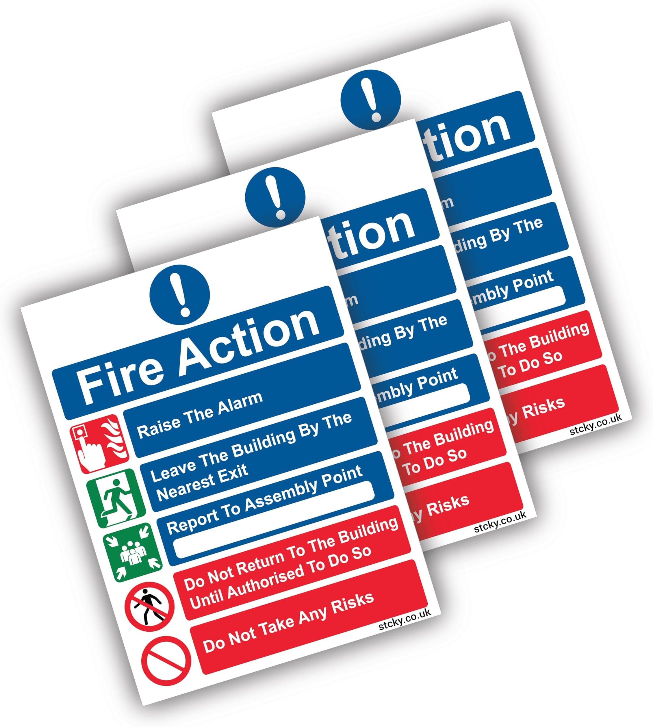 Stcky Fire Action Notice Sign (Pack of 3) - 20 x 15 cm Premium Vinyl Sticker Fire Signs | Fire Signage- Durable, Self Adhesive, UV resistant & Waterproof Health and Safety signs