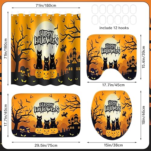 Miniatura 2 de Juego de cortina de ducha de Halloween para baño, 4 piezas de calabaza con cortina de ducha impermeable, alfombras antideslizantes, cubierta de tapa