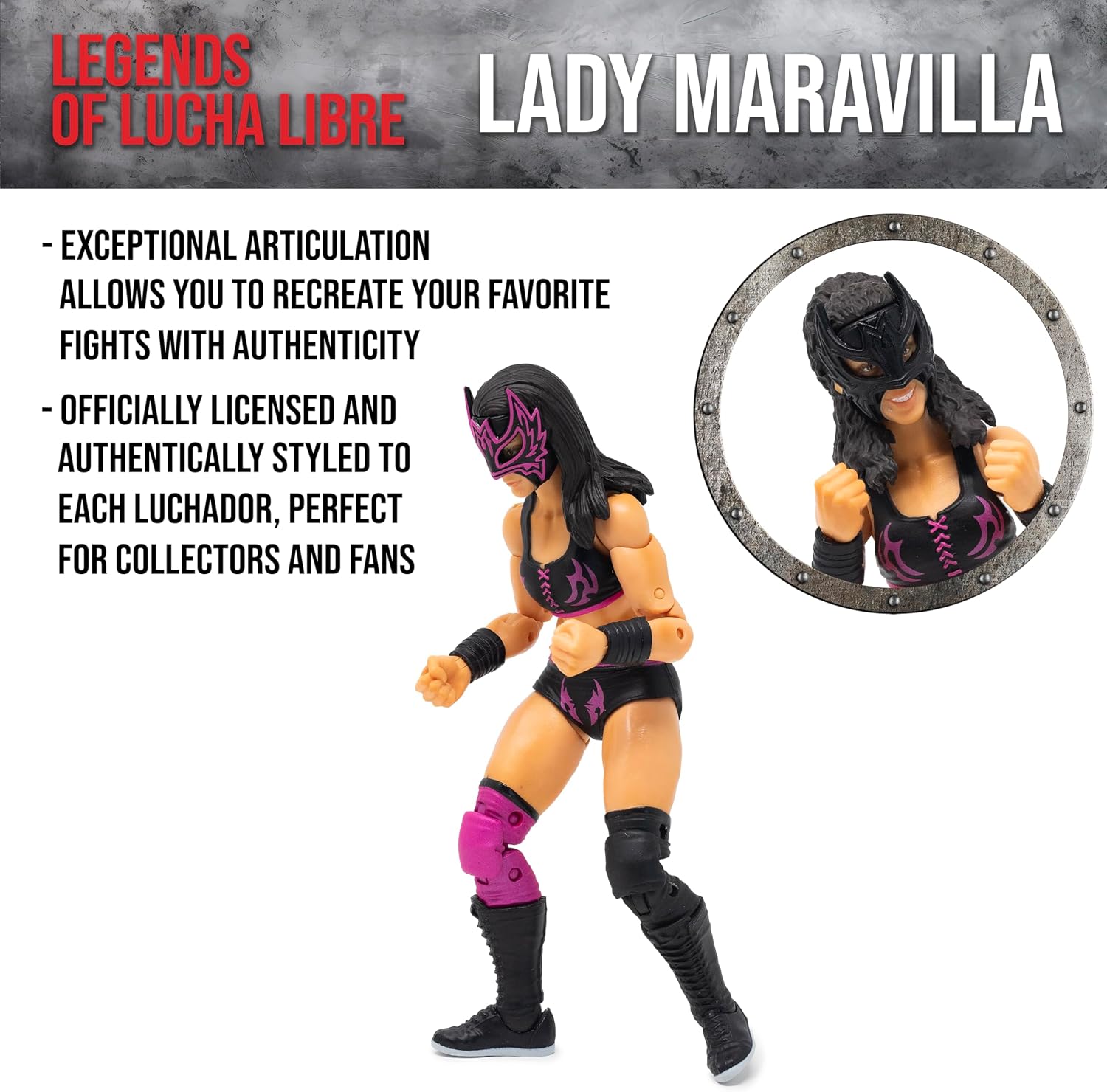 Boss Fight Studio Lady Maravilla, Legends of Lucha Libre Collectible Action Figure – Highly Articulated Figurine with Accessories Including Smartphone, Alternate Hands and Head, & Selfie Stick – 1:12 image 4