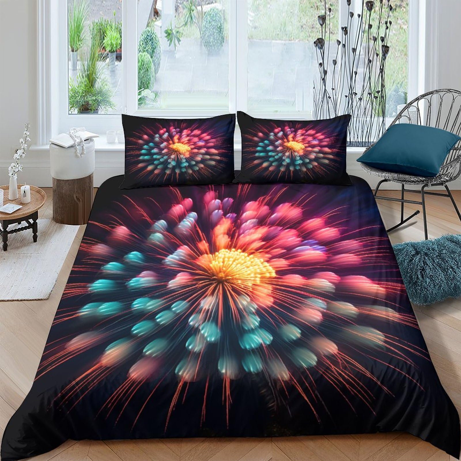 Parure de lit microfibre super douce feux d'artifice 3D respirante 3 pièces 200x200