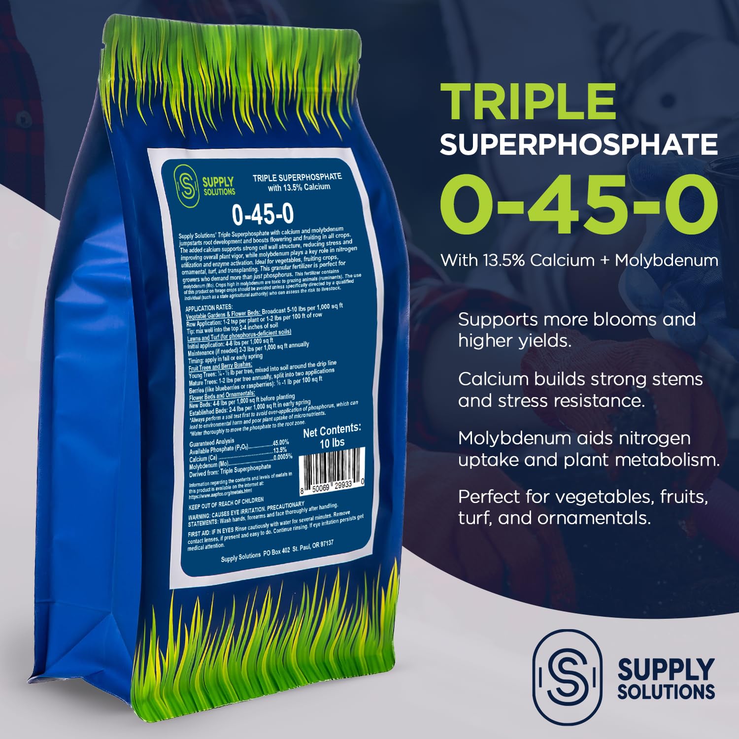 Supply Solutions | 0-45-0 Triple Superphosphate with 13.5% Calcium | High Phosphorus Bloom Booster Fertilizer for Indoor Plants, Flowers, Orchids, Citrus, Lawns, Vegetables & Fruit Trees (10 Pounds)