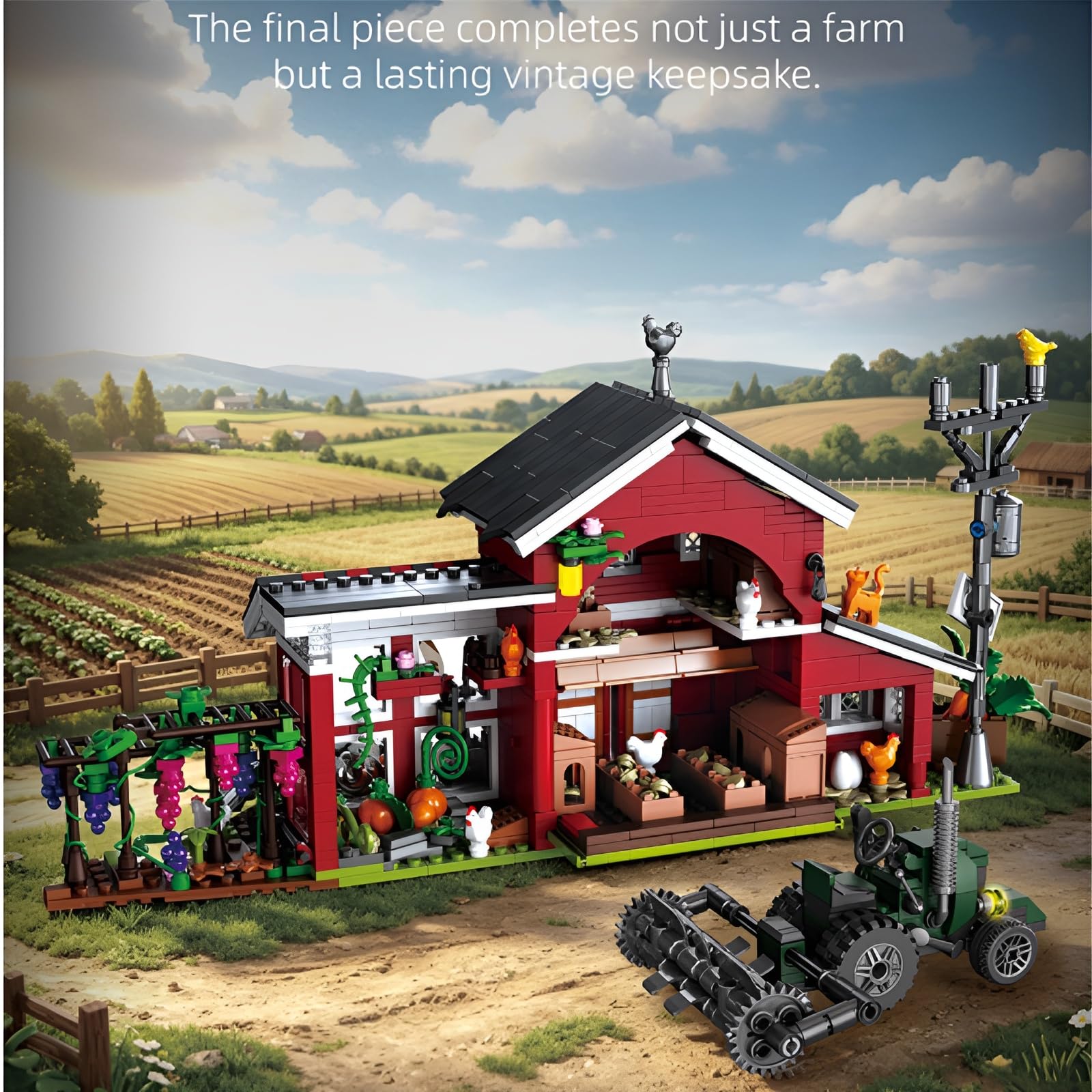 Western Farm Bausteine, Rotes Scheunen Hühnerstall Architektur Modell | Ländliches Bauernhaus Bauspielzeug mit Hühnerstall Traktor Weinlaube, Dekoration für Homeoffice, Geschenk für Erwachsene