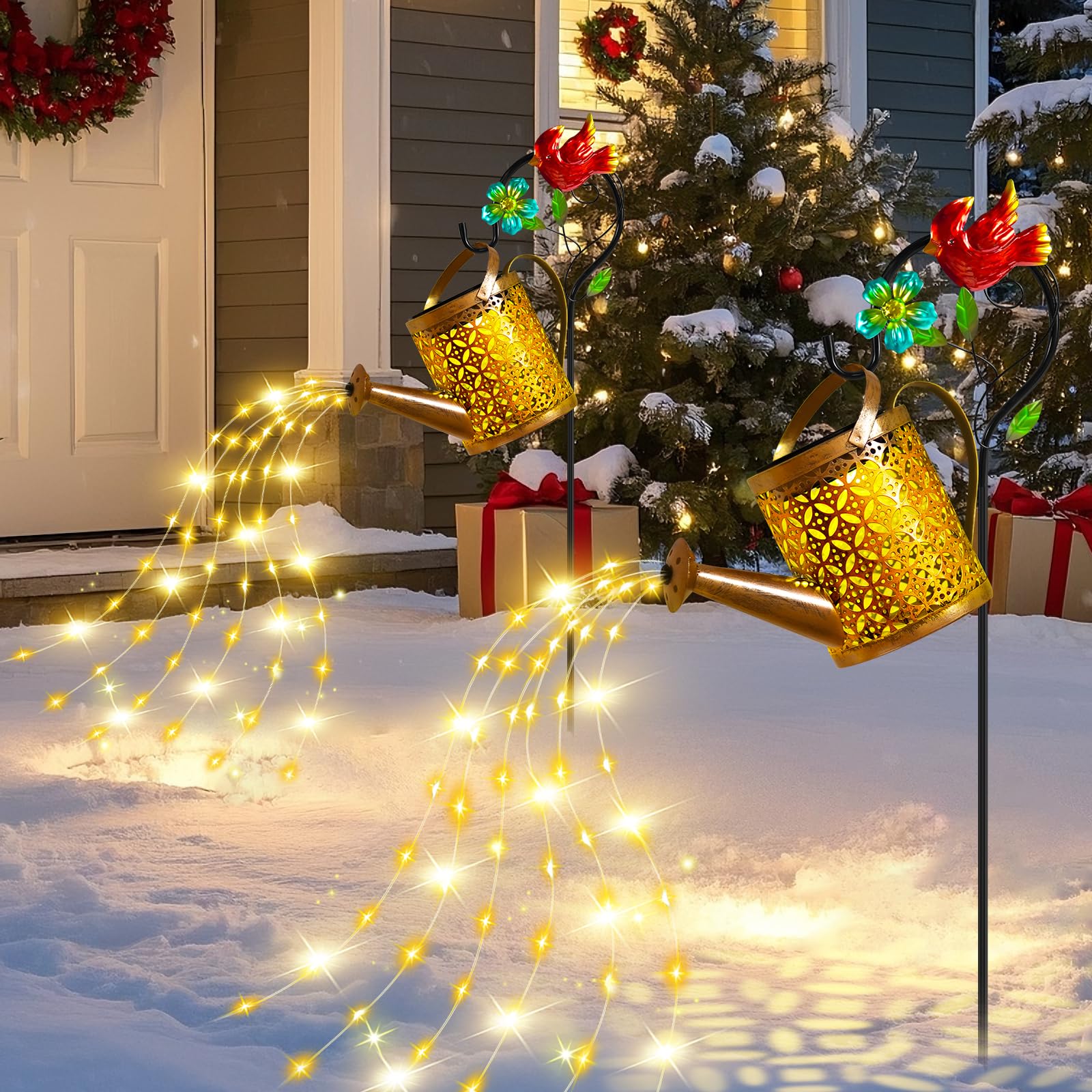 Solar Lights Outdoor, Solar Watering Can with Cascading Lights,Solar Watering Can with Hook Solar Lantern, Gardening Decor for Yard Patio, Gardening Gifts for Mom Grandma Women (2 Pack)