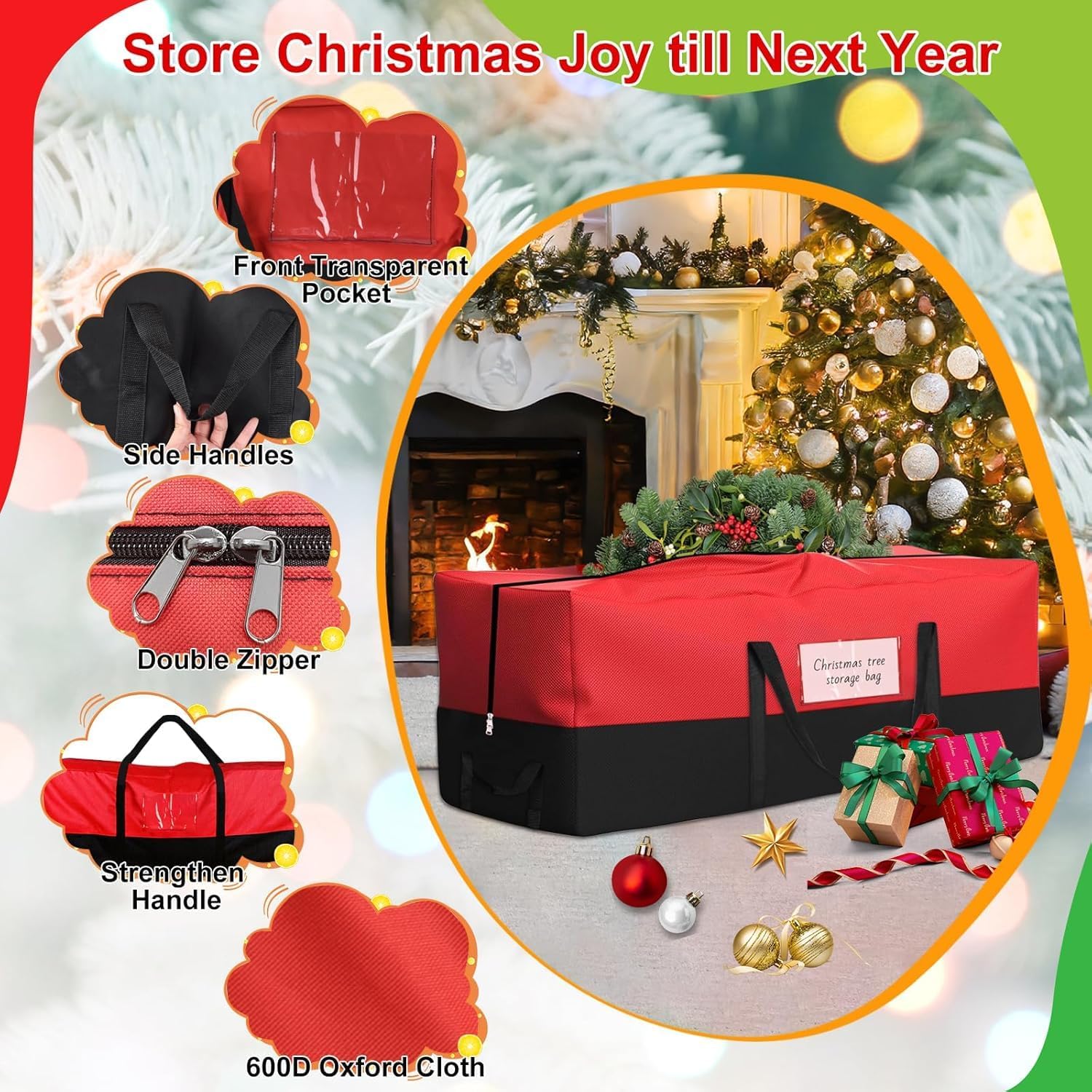 Christmas Tree Storage Bag, Fits Up 10 Ft Tall Artificial Trees, Heavy-Duty 600D Oxford Tree Bag with Reinforced Handles Zipper Clear Pocket, Storage Bags for Moving Items, Clothing, Outdoor, Bedding