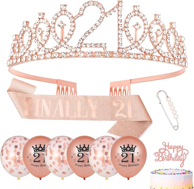 Heyu-Lotus 21st Sash and Tiara Rose Gold Finally 21 Sash Rhinestone Crown Balloons Birthday Cake Topper for Women 21th Birthday Gift Party Decorations Supplies (Rose Gold)