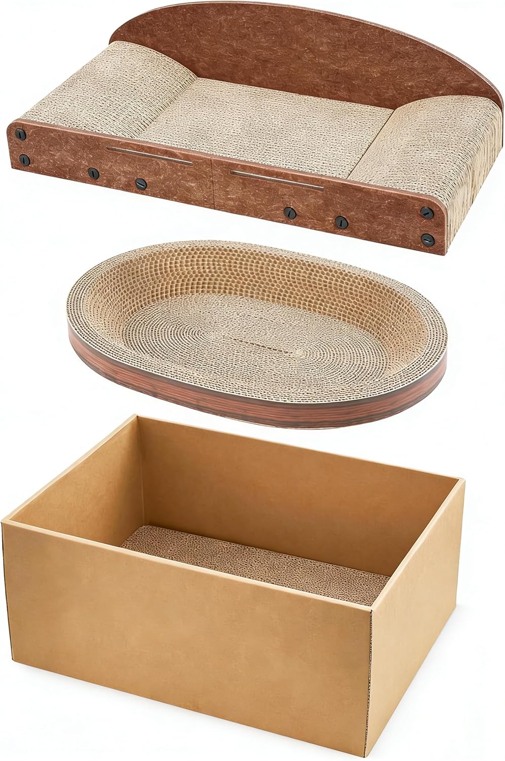 Avont 3-Piece Cardboard Cat Scratcher Set for Indoor Cats, Corrugated Cat Scratchers with Reversible Scratch Pad, Scratch Box and Lounge Bed