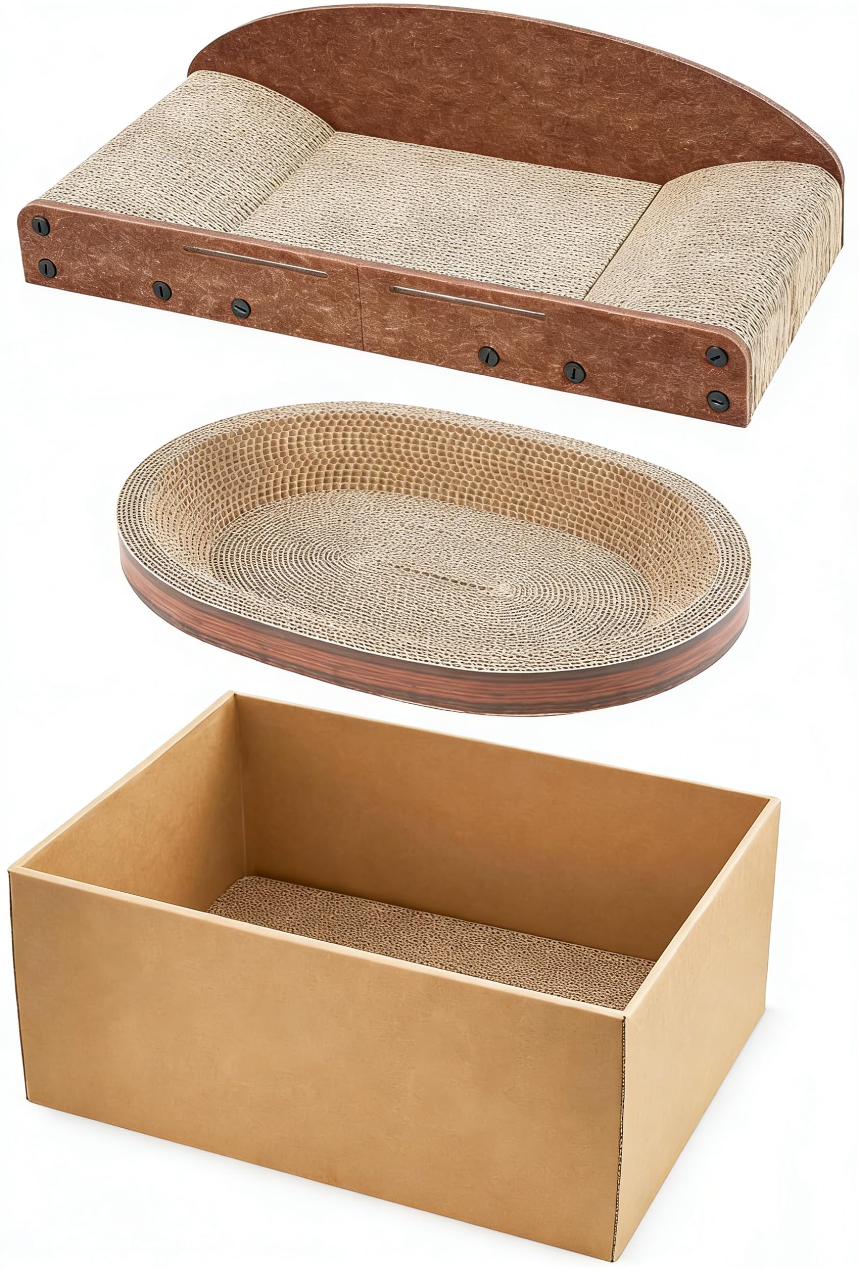 Avont 3-Piece Cardboard Cat Scratcher Set for Indoor Cats, Corrugated Cat Scratchers with Reversible Scratch Pad, Scratch Box and Lounge Bed