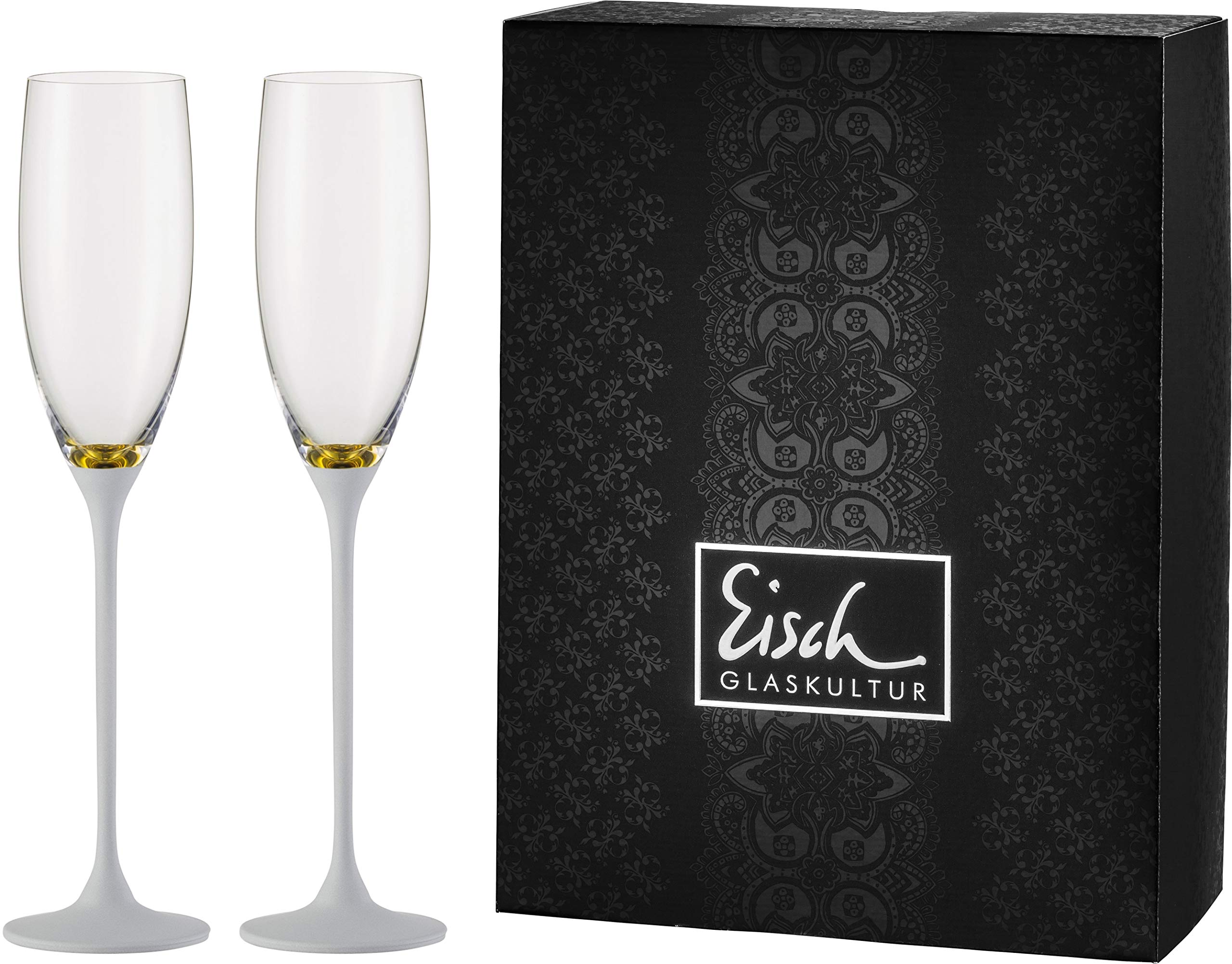 EISCH - Kieliszki do szampana ekskluzywne, złote/białe, 2 sztuki w pudełku prezentowym