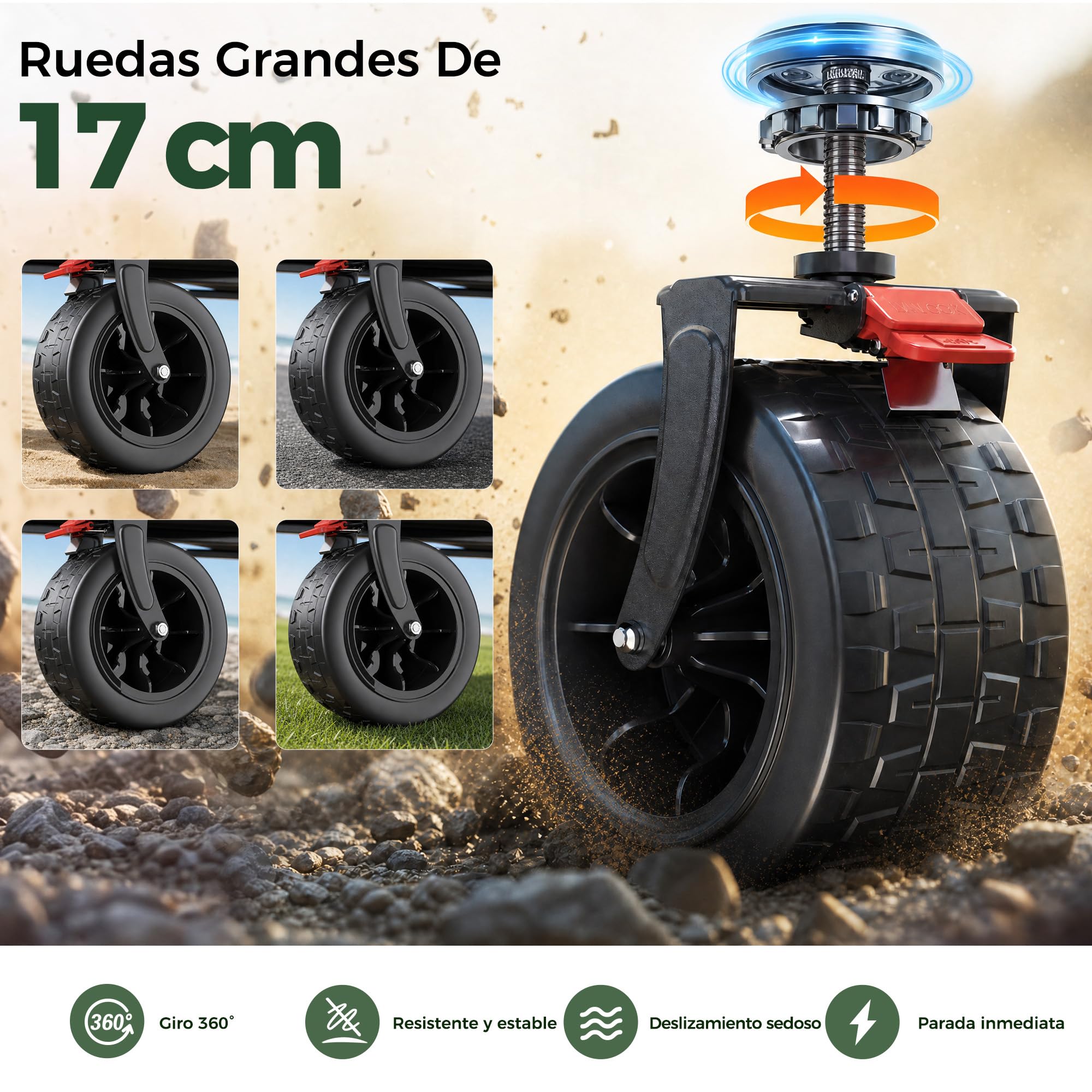 Carrello Spiaggia Pieghevole 260L, Carrello con Ruote Portatutto | Freno | Carrellino con Ruote Portatutto Max 200kg | Manico Regolabile | 25L Tasche Laterali | Esterni Giardino Campeggio(Nero)