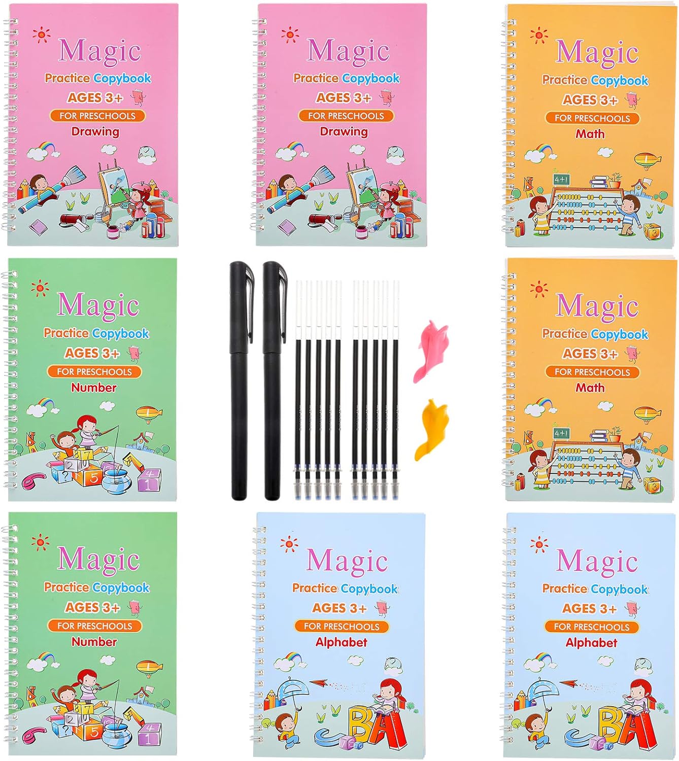 CHARMINER 8pcs Magic Practice Copybook for Kids, English Magic Calligraphy, Reusable Handwriting Copybook, Writing Practice Book with Magic Pen : Office Products