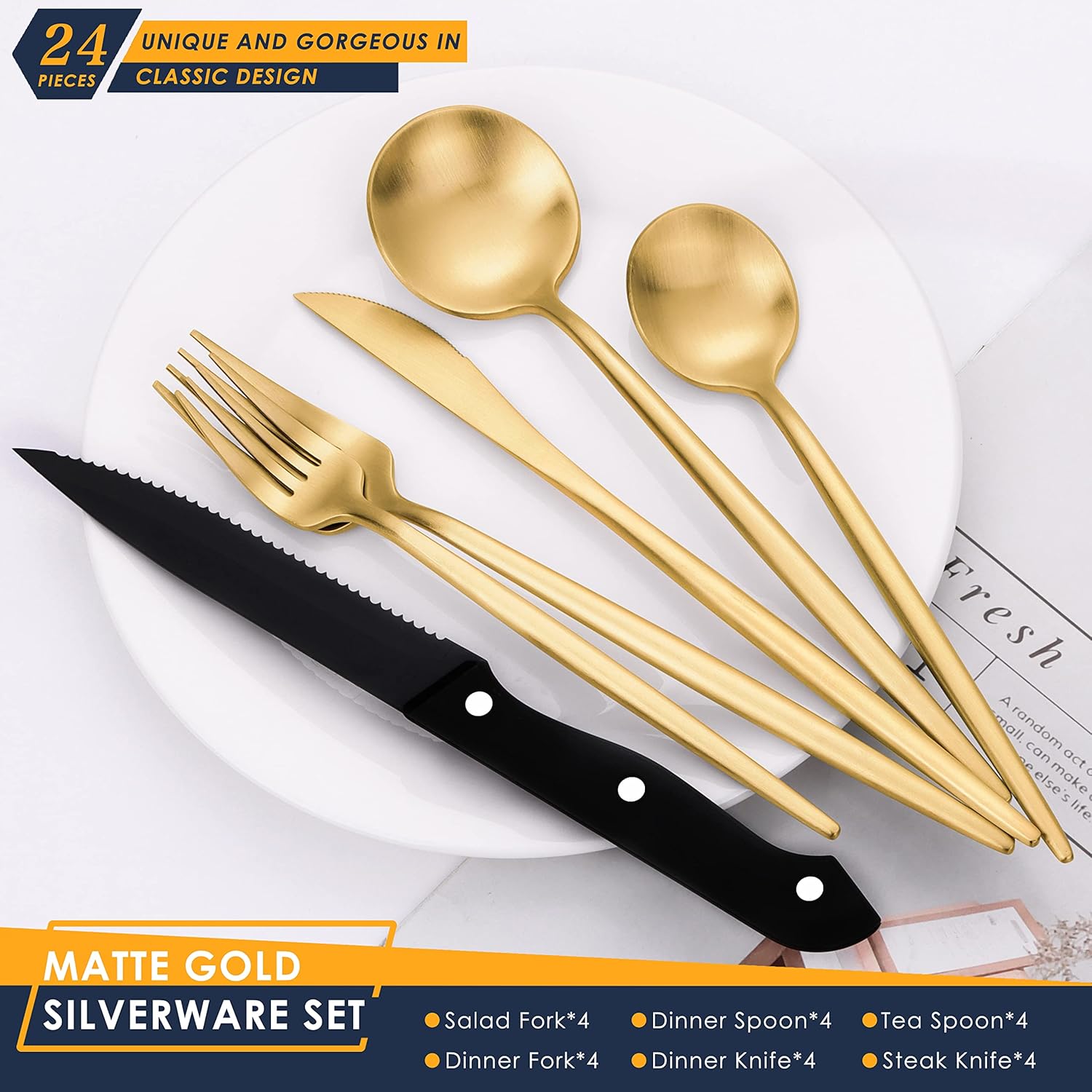 Stapava 24-Piece Matte Gold Silverware Set with Steak Knives, Stainless Steel Satin Finish Flatware Set for 4, Kitchen Utensil Set, Tableware Cutlery Set for Home and Restaurant, Dishwasher Safe
