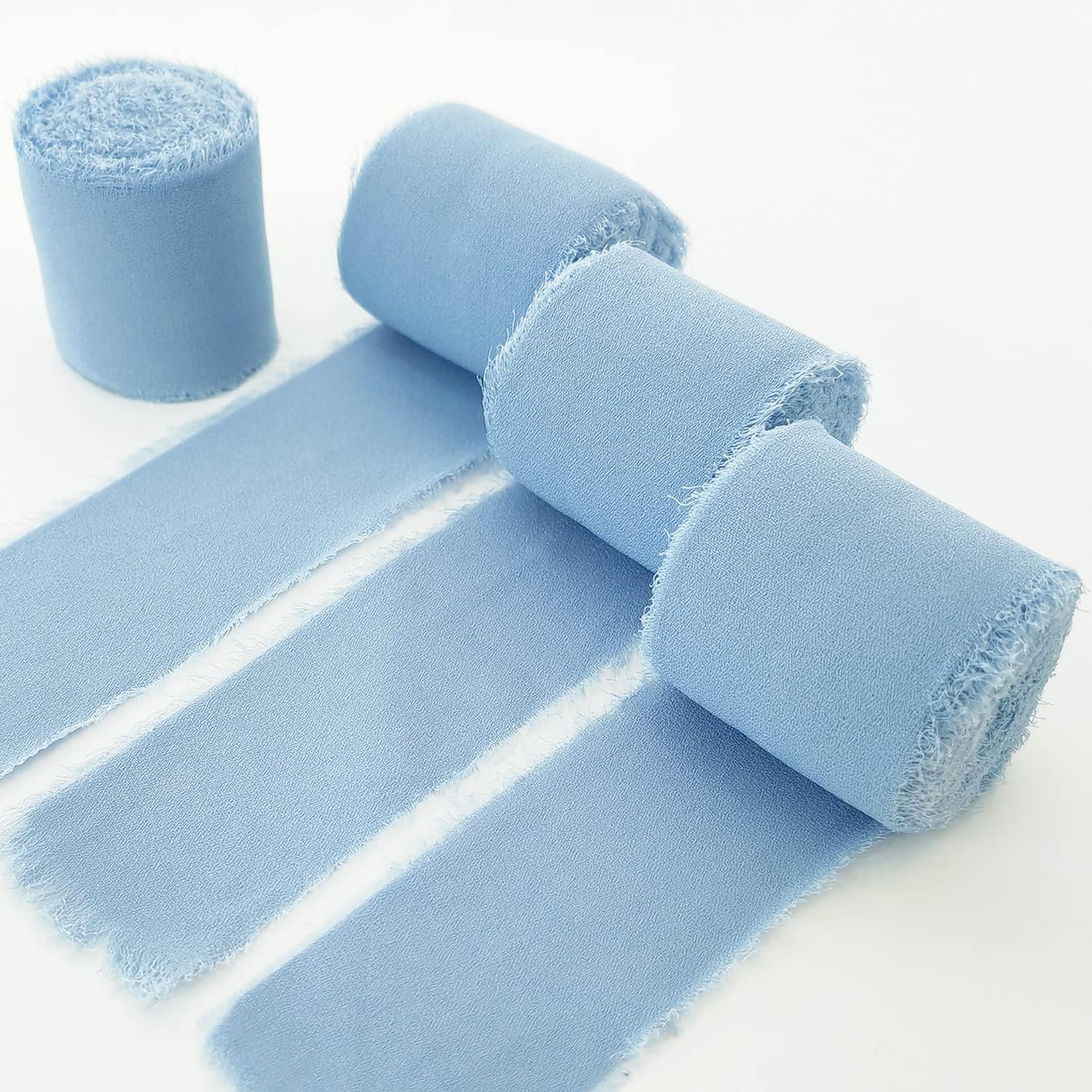 TONIFUL 4 Rolls 1-1/2 Inch Dusty Baby Blue and Light Blue, Silk Chiffon Ribbon 22 Yards Handmade Fringe Chiffon Ribbon Set for Wedding Invitations Bridal Bouquets — image 1