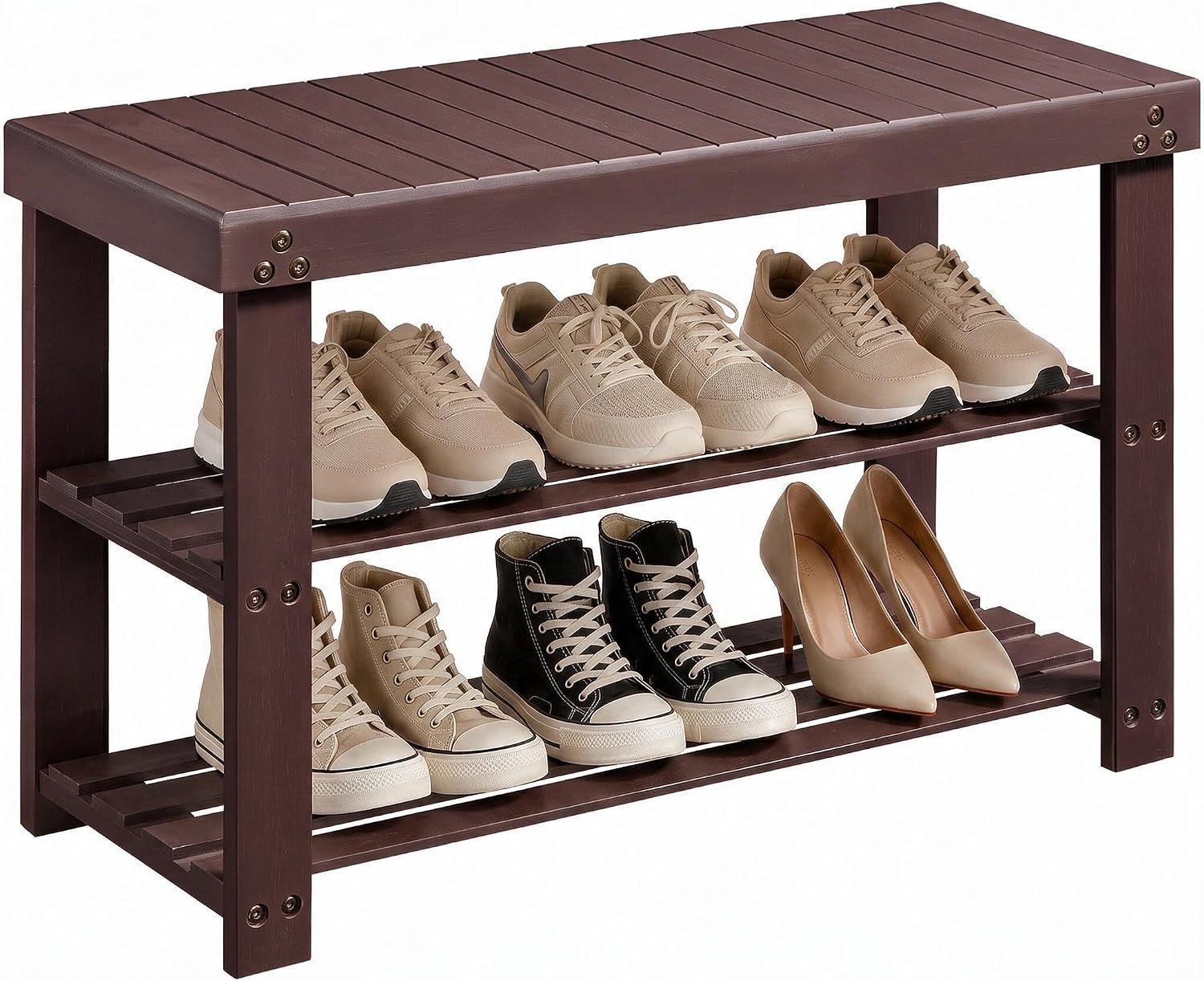Amada 3 Tier Bamboo Shoe Rack Bench for Entryway, Living Room, Brown
