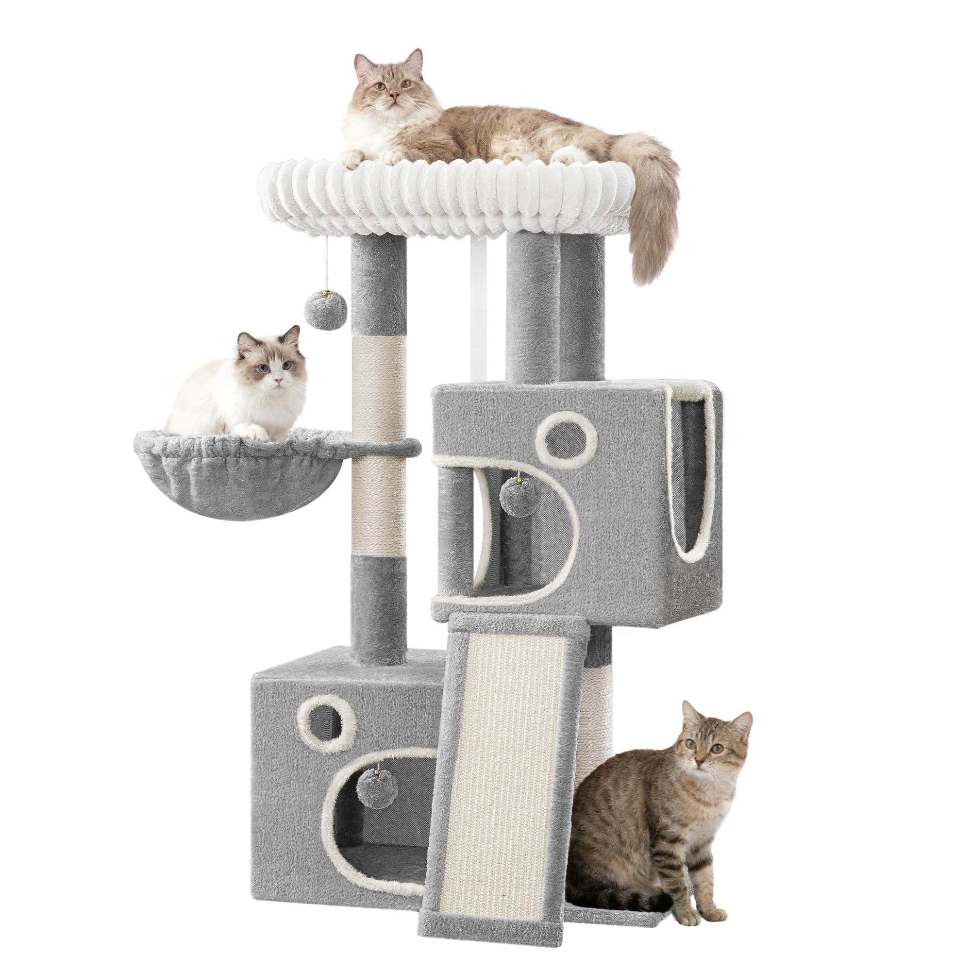 Hzuaneri Árbol para Gatos 98 cm, Rascador para Gatos con 3 Postes, Plataforma, 2 Cuevas, Cesta, Pompón, Multinivel, Gris Claro MS10118LG | Mueble de casa de gatos multinivel con poste rascador, 2 cuevas, plataforma grande, pompón, MS10118LG
