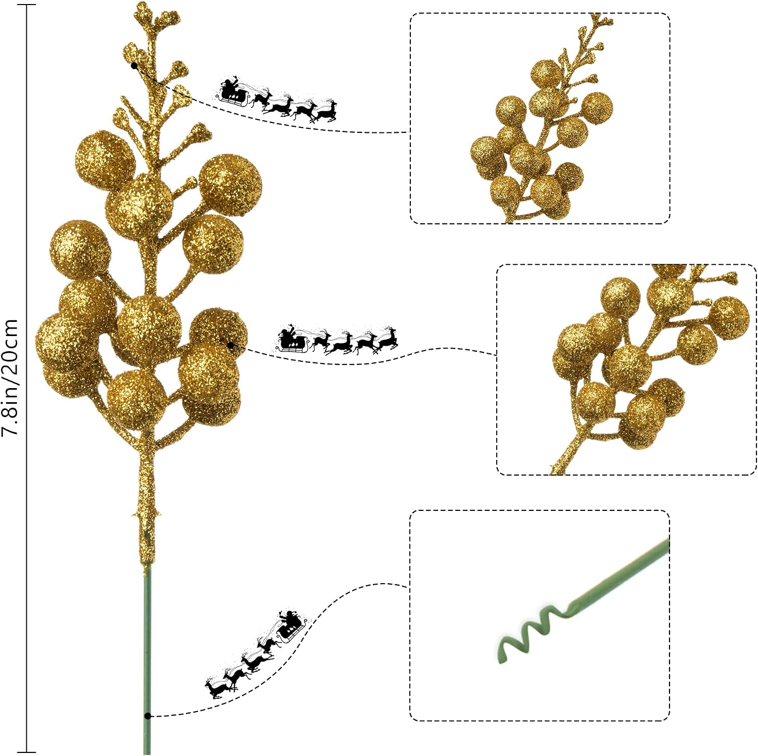 Christmas Glitter Berries Stems, 20pcs Gold Artificial Berry Picks for Christmas Tree Ornaments fillers, DIY Xmas Wreath, Crafts, Garland, Holiday, Party, Wedding and Home Decoration (Gold)
