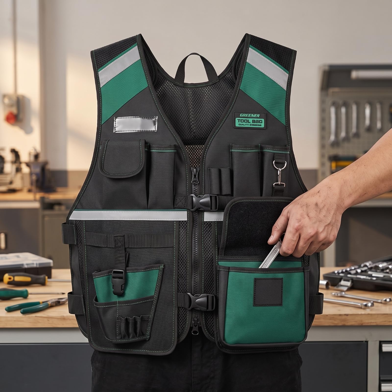 Gilet da Lavoro Durevole Abbigliamento Inserti in Re Traspiran, a Mani Libere, Gilet con Organizer per Piccole Parti, Cantiere, Officina, Manuntori, Stile A