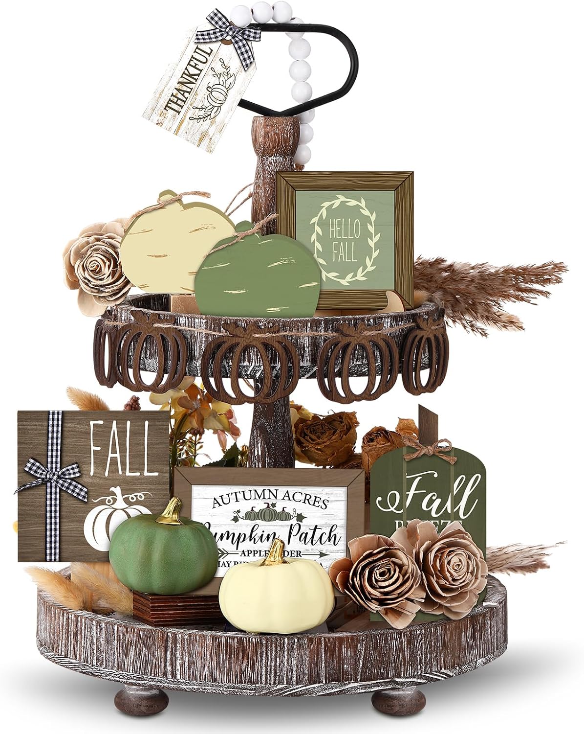 Reallnaive 18 Pcs Fall Tiered Tray Decor, Sage Green Pumpkin Signs