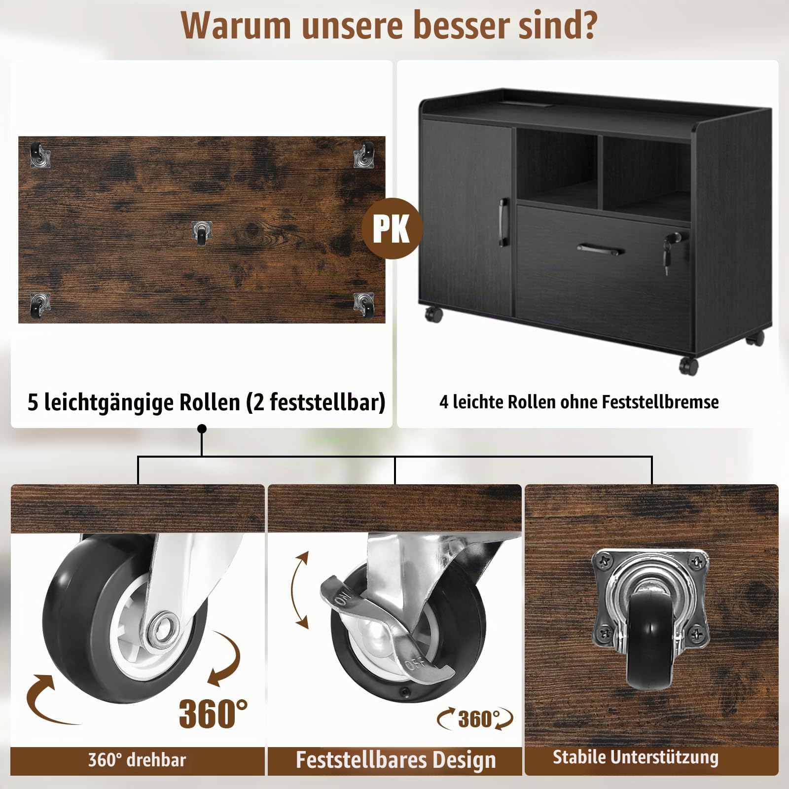 GIANTEX Rollcontainer mit 5 Schubladen & Schrank, Aktenschrank mit Rollen, Schubladenschrank Holz unter Schreibtisch, Druckertisch für Zuhause & Büro (Braun, 78 x 40 x 65 cm)