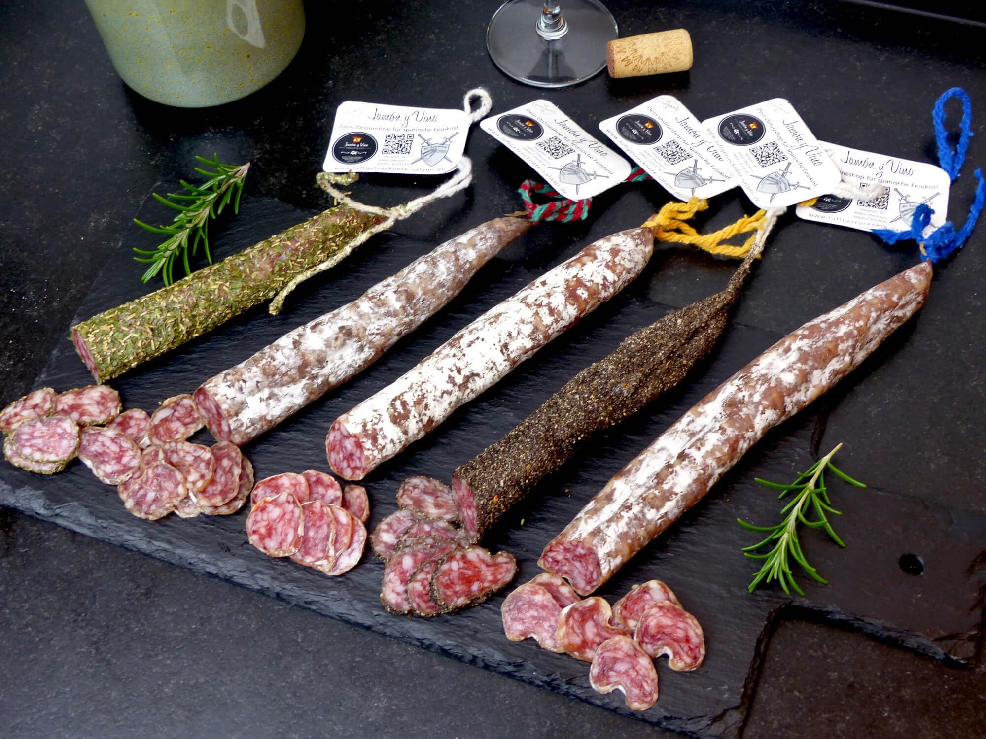 Spanische Fuet Wurst 5er Set – katalanische luftgetrocknete Salami, verschiedene Sorten im Mix, große Auswahl, ideal für Tapasplatte, Snack & Party