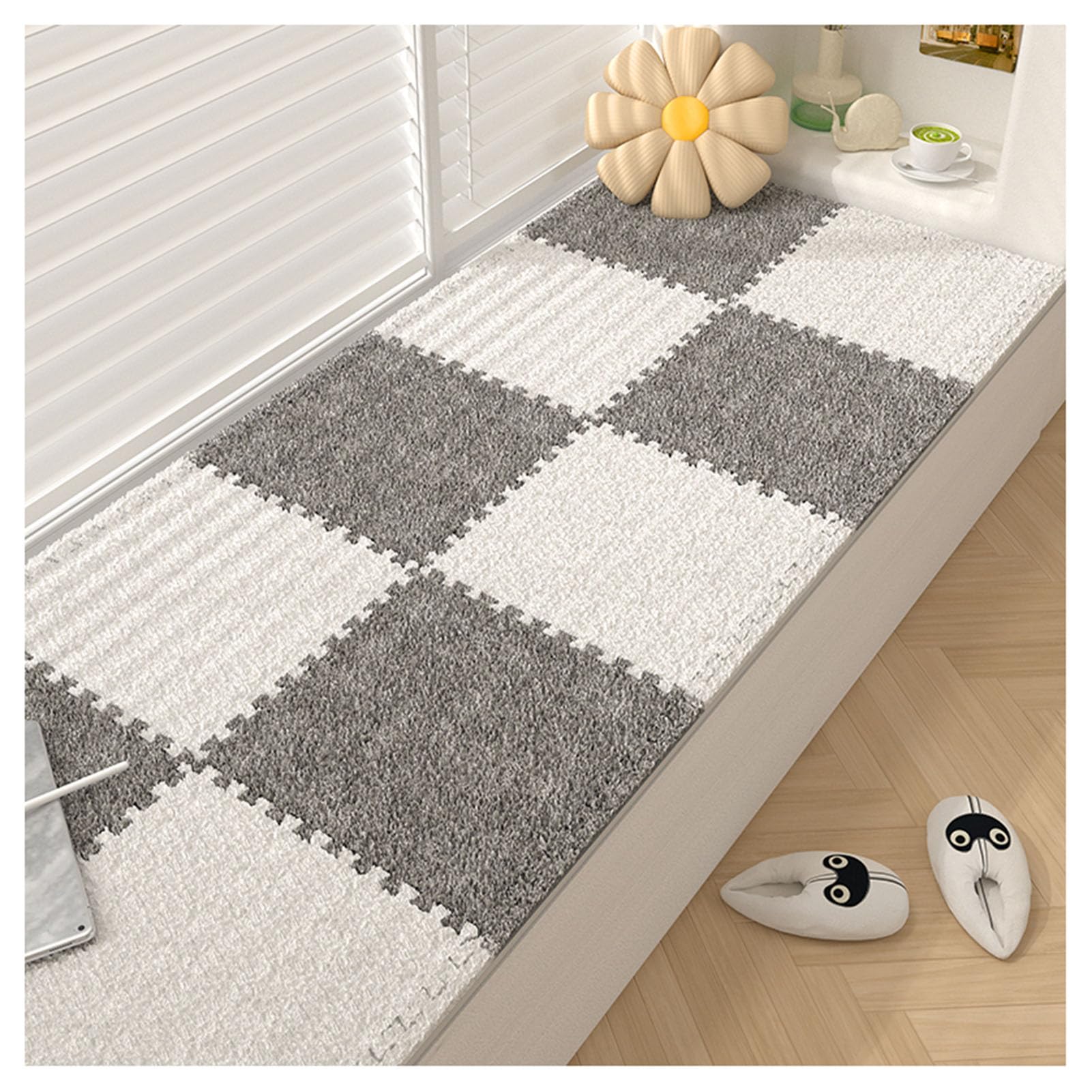 Weiche Schaumstoff-Teppichfliesen – 10 Stück, 30 x 30 cm, Flauschige, ineinandergreifende Teppiche, rutschfeste Matten für Wohn- und Schlafzimmer, Weiß & Grau, Puzzle-Spielmatte, 1 cm dick