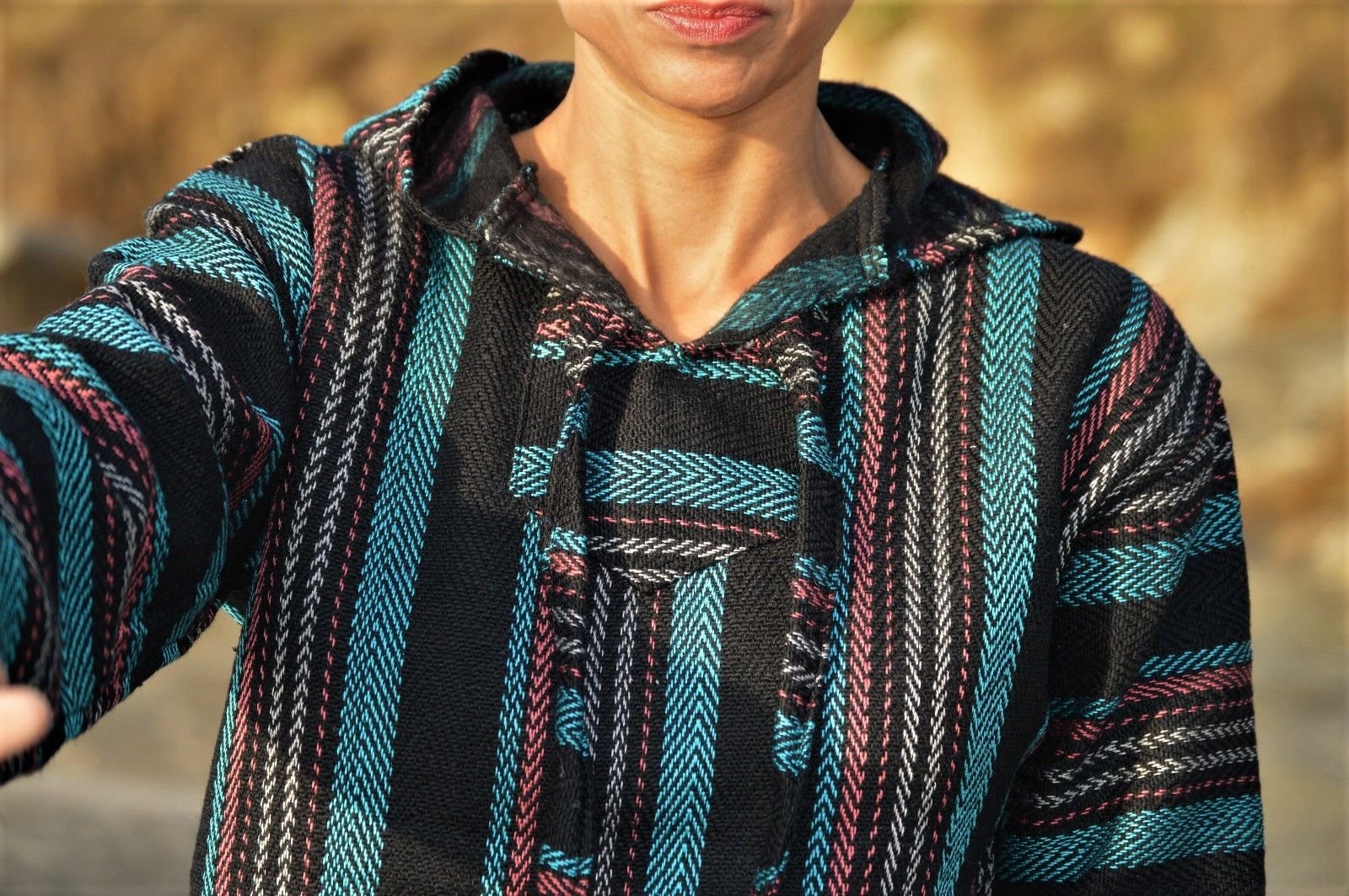 Mexican Baja Hoodie Pullover Jerga Drug Rug Sweater - Black Teal Rust