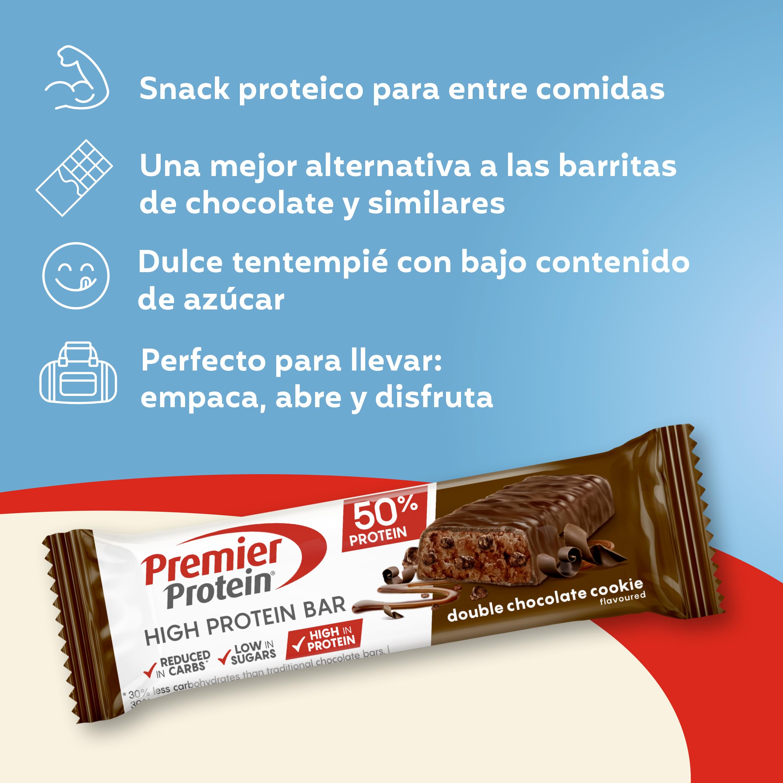 Premier Protein - High Protein Bar 50% - Double Chocolate Cookie - 16x40g - bajo en azúcar – baja en carbohidratos – sin aceite de palma