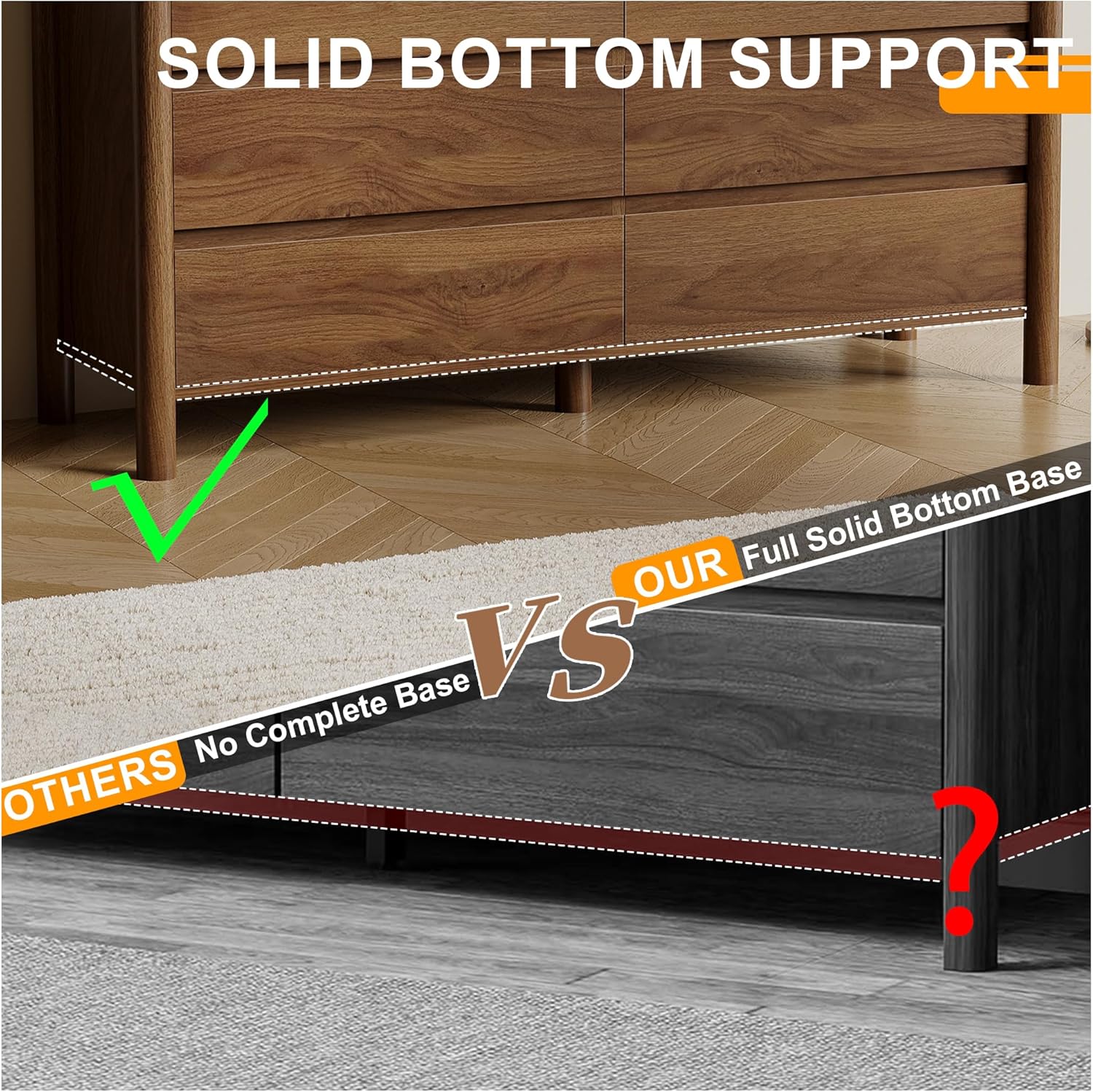 CHUWELL 6 Drawer Walnut Dresser for Bedroom, 47" Wide Mid Century Chest of Drawers with 6 Large Storage Space and 4 Solid Wood Cylindrical Legs, Large Dresser for Bedroom(Walnut)