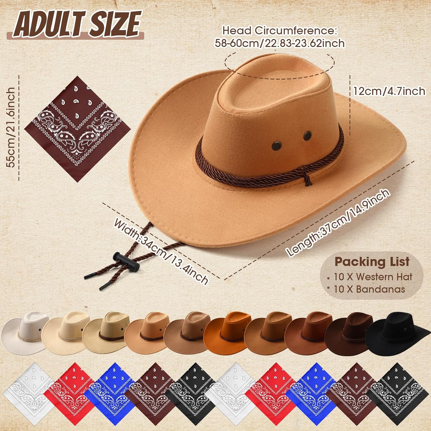 Coume 10 Set Cowboy Hat and Bandana for Women Men 10 Felt Cowgirl Cowboy Hat Bulk 10 Western Bandanas for Adult Costume Party - Image 3