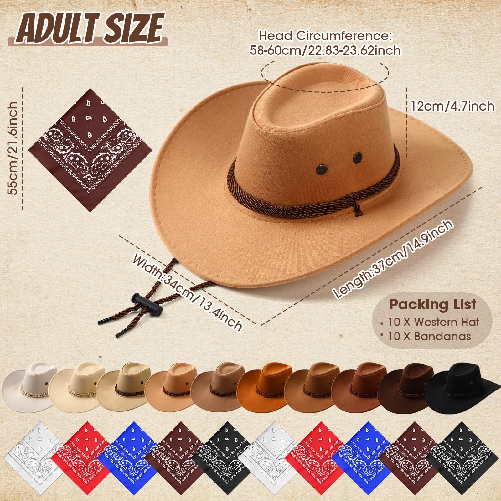Coume 20 cappelli da cowboy e bandane, per adulti, per feste in costume, rodeo, feste di compleanno, per uomini e donne