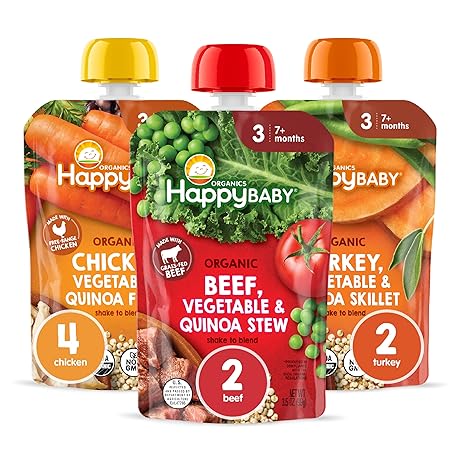 Happy Baby Organics Savory Blends Stage 3 Baby Food Puree, Meats & Veggies 3 Flavor Variety Pack (Pack of 8), Amazon Exclusive