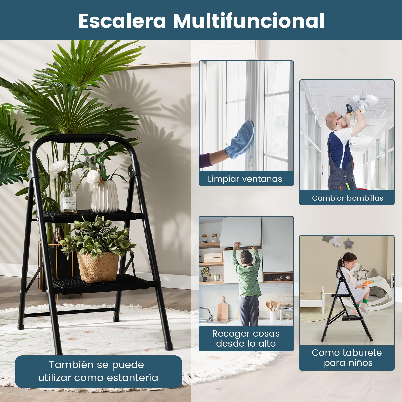 COSTWAY Escalera Plegable de 2 Peldaños, Taburete Plegable con Manija Acolchada y Escalones Antideslizantes, Escalera de Metal Portátil, para Cocina, Hogar, Almacén