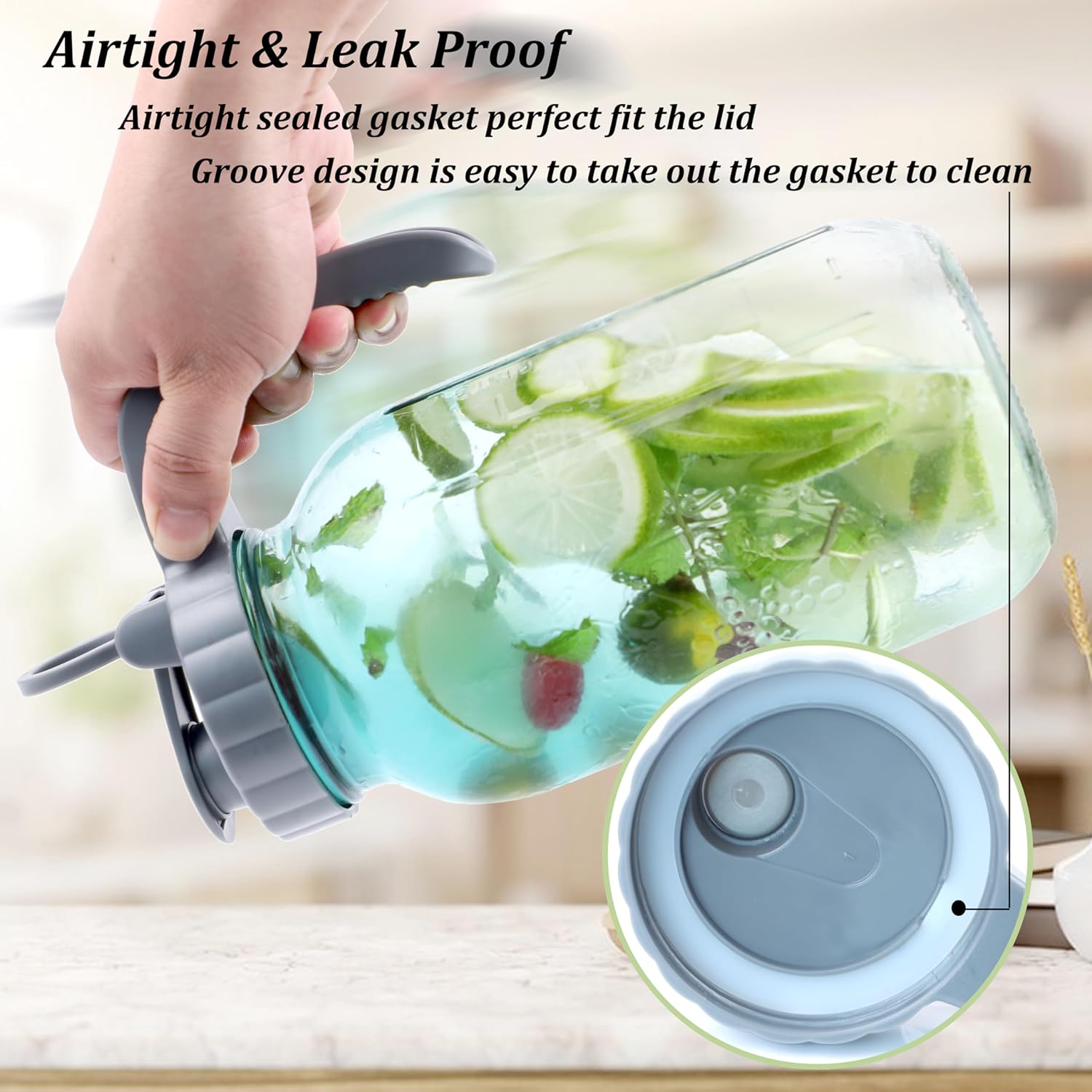 Mason Jar Pitcher 32 OZ Glass Pitcher With Pour Spout Lids Airtight Leak Proof 1 Quart Wide Mouth Water Pitcher With Handle And Flip Cap For Iced Tea, Milk, Sun Tea, Lemonade,Juice, Iced Coffee - Image 4