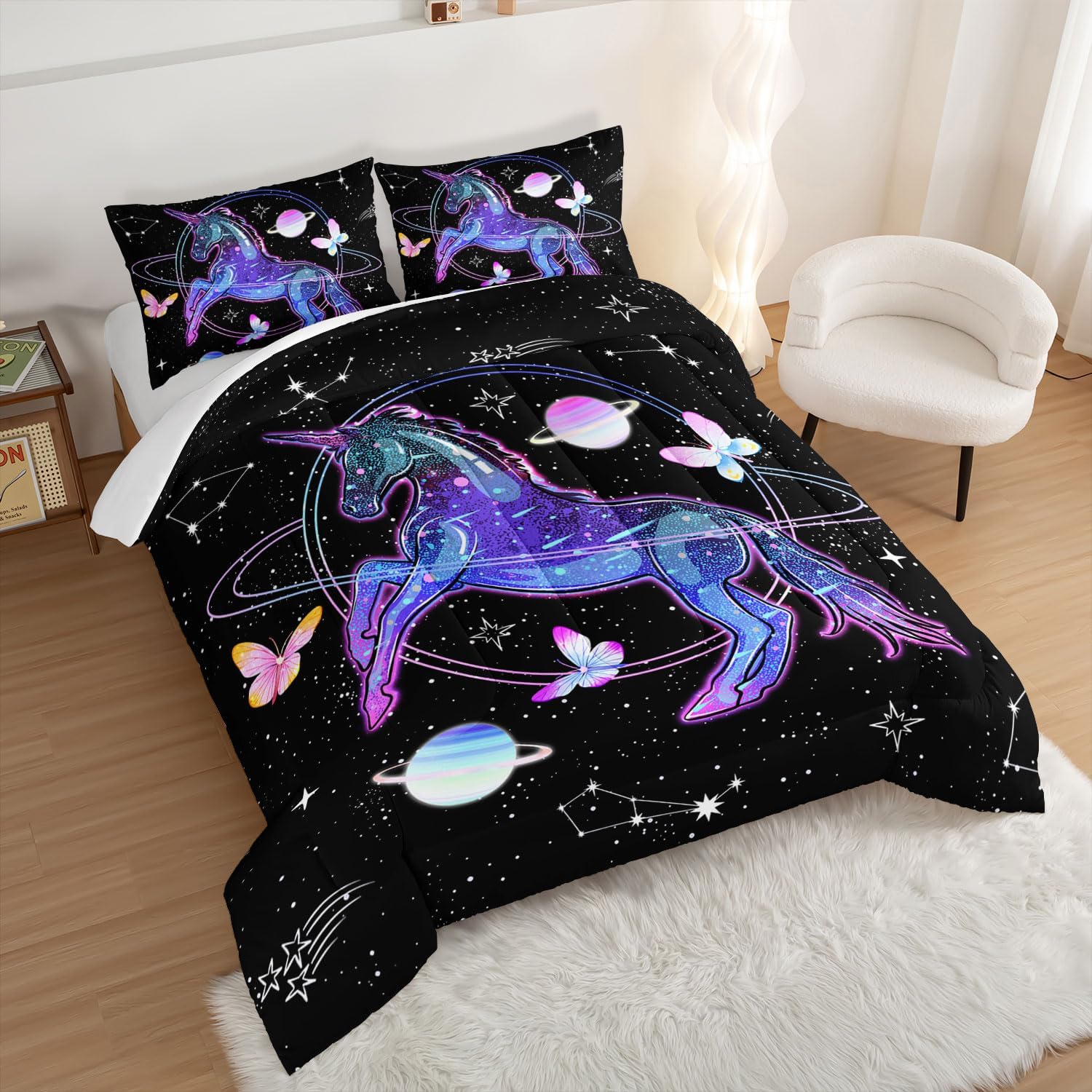HOSIMA Unicorn Bedding Sets for Girls Kids,Butterfly Star Empty Galaxy Comforter,Unicorn Bedroom Decor for Girls Boys,Soft Black Comforter Full Size Bed in a Bag Set,Butterfly Crib Bedding Set.