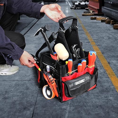 Miniatura 4 de HAUTMEC Bolsa de herramientas para electricista con bandeja de piezas, bolsa de herramientas HVAC resistente al agua, bolsa de herramientas superior