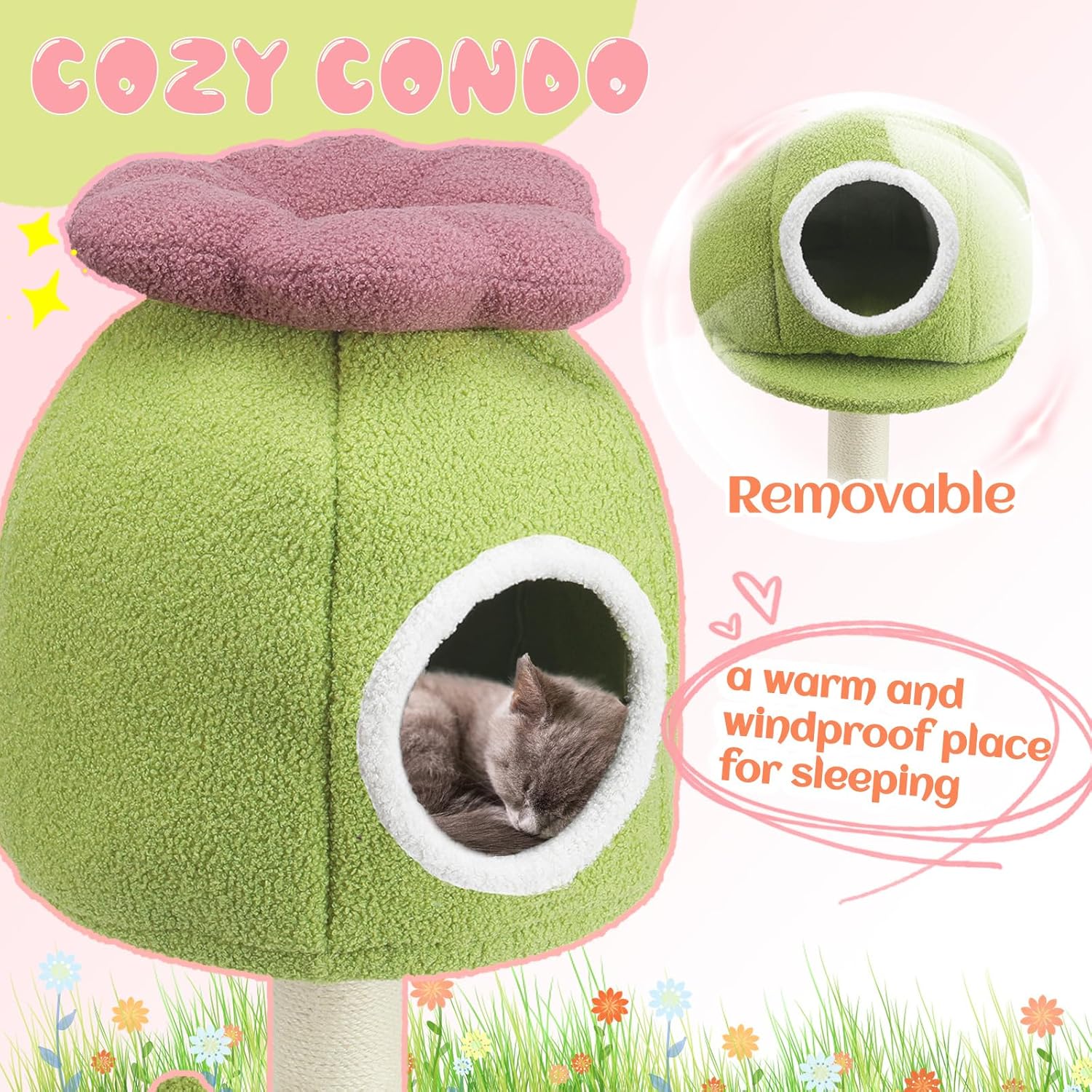EMUST Flower Cat Tree with Bed, 28.74inch Tall Cat Tower with Scratching Post & Cozy Condo, Cute Sisal Cat Scratcher with Plush Hang Spring Ball Toys, Removable Cat Bed for Indoor Adults Cats, Green