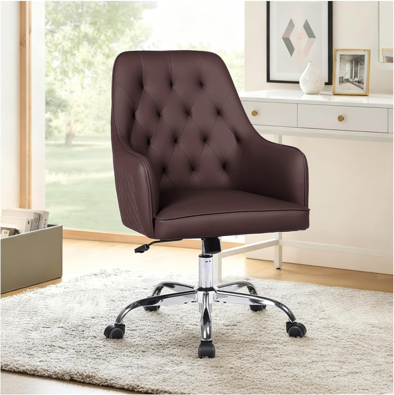 Faux Leather Office Desk Chair, Swivel Cute Vanity Chair with Wheels, Accent Armchair Upholstered Modern Tufted Makeup Vanity Chairs Adjustable Height for Bedroom Living Room, Brown