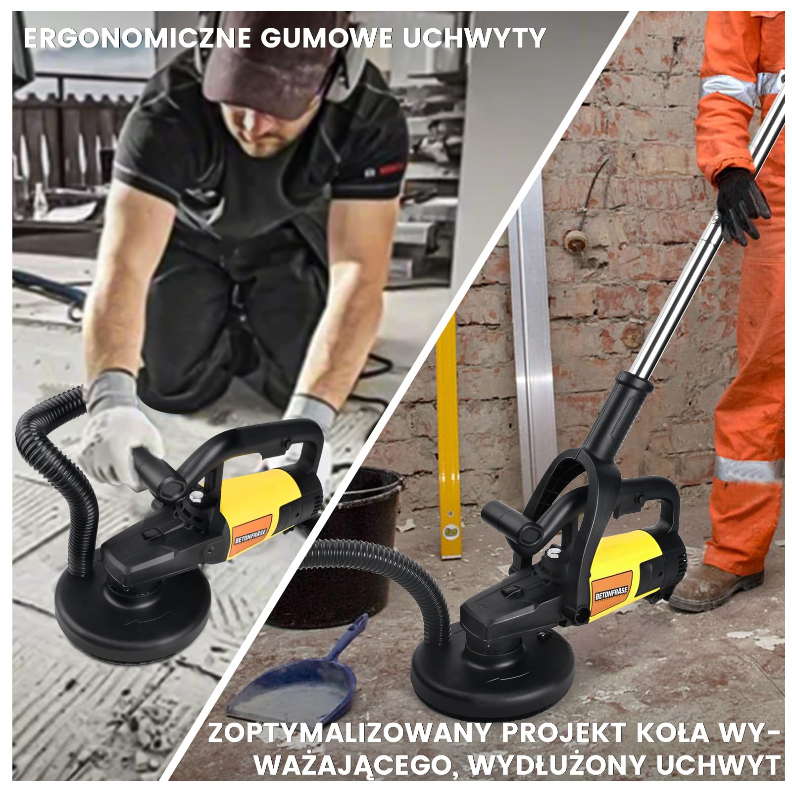 XIIW Szlifierka do betonu 3800W z tarczą diament 180mm, wydłużonym uchwytem | Frezarka posadzek z odpylaniem, 6 biegów 6000 RPM – Wyrównywanie szlifowanie usuwanie kleju betonu kamienia płytek gipsu
