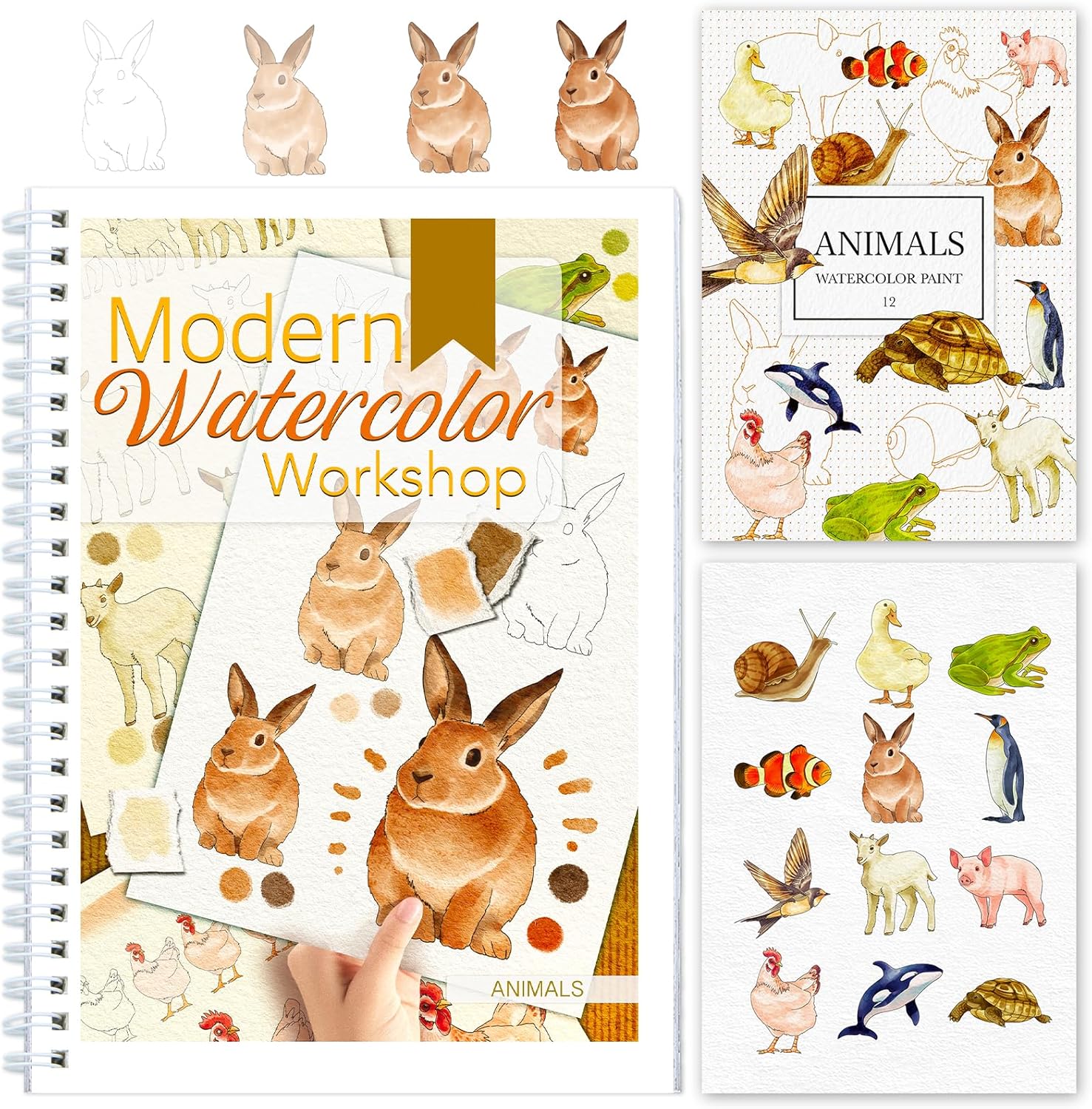 Watercolor Workbook with Step-by-Step - 12 Watercolor Coloring Pages - 100% Cotton 300gsm/140lb Watercolor Paper - Gift for Women, Adults, Beginners (Animals)