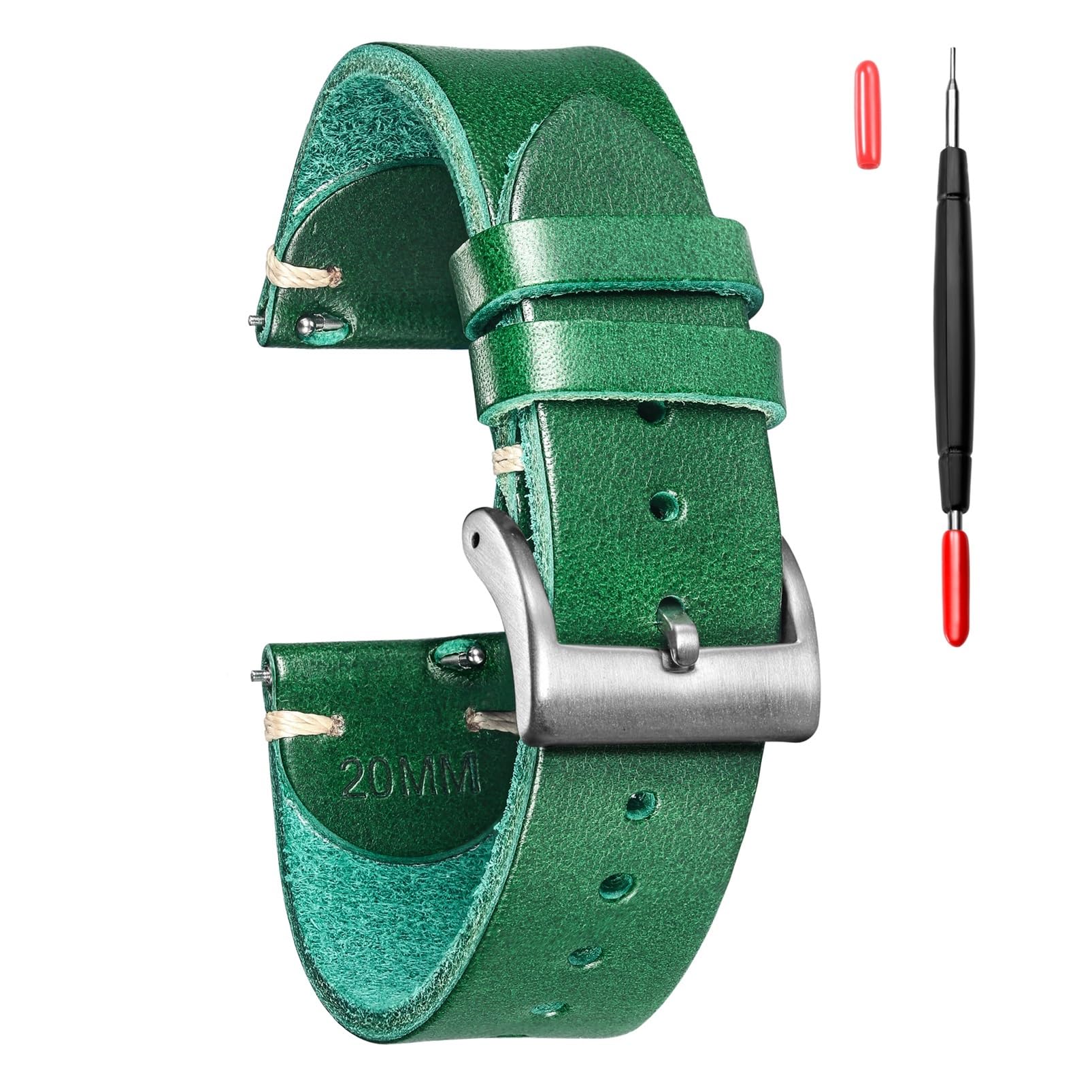 INEOUT Bracelets De Montre En Cuir Ciré À L'huile D'Italie Bracelets En Cuir Doux Faits À La Main Vert 18mm 20mm 22mm(HB127BRW,18mm)
