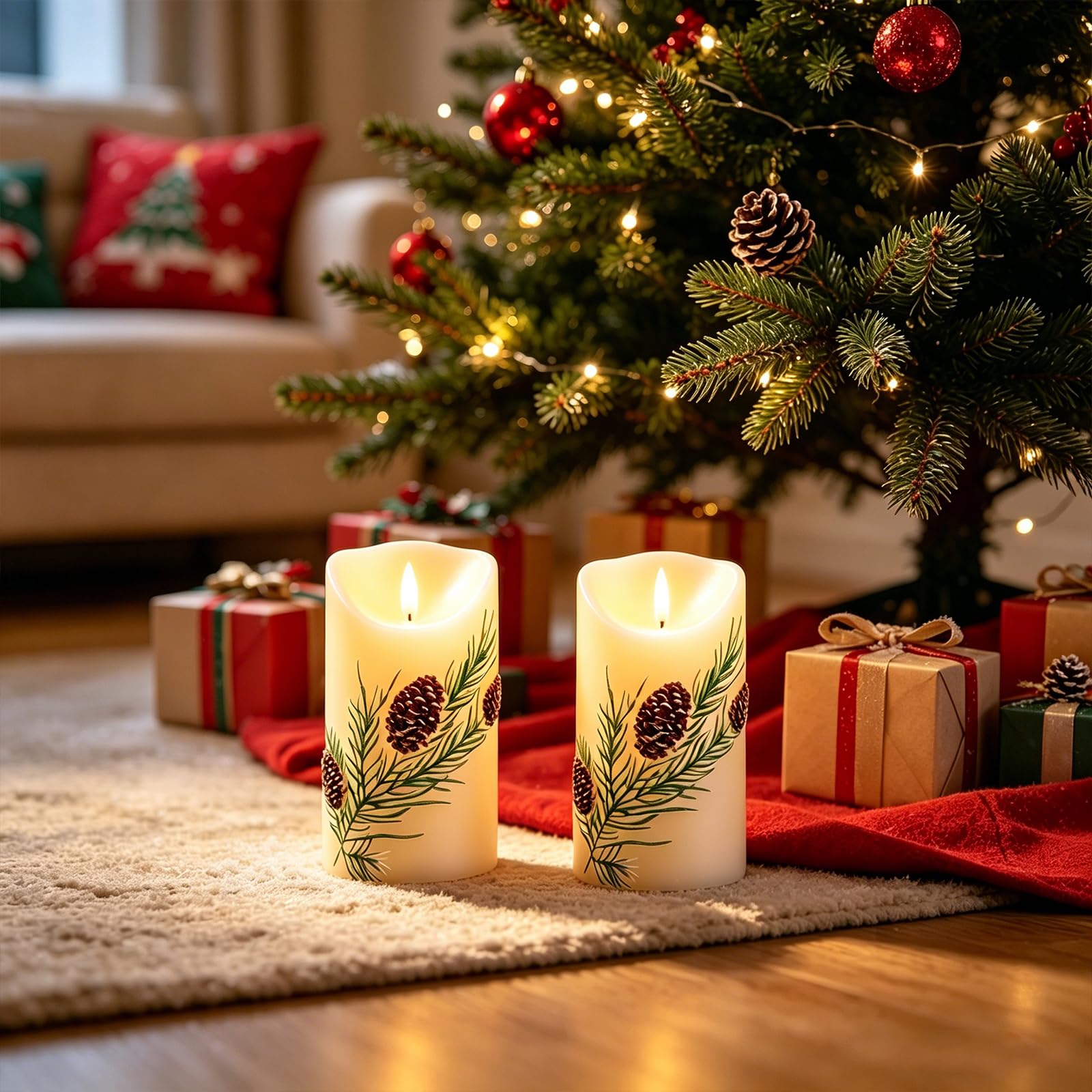 Wekity Candele senza fiamma a forma di pigna, 2 candele a pilastro tremolanti a batteria con telecomando, candele elettriche con ago invernale in rilievo 3D, per decorazioni natalizie per la casa e