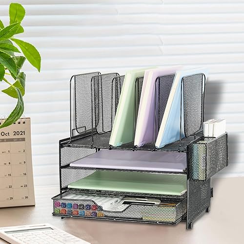 Miniatura 7 de Organizadores de papel de escritorio y accesorios, bandejas de letras de 3 niveles con 5 soportes verticales para archivos, cajón y soporte para