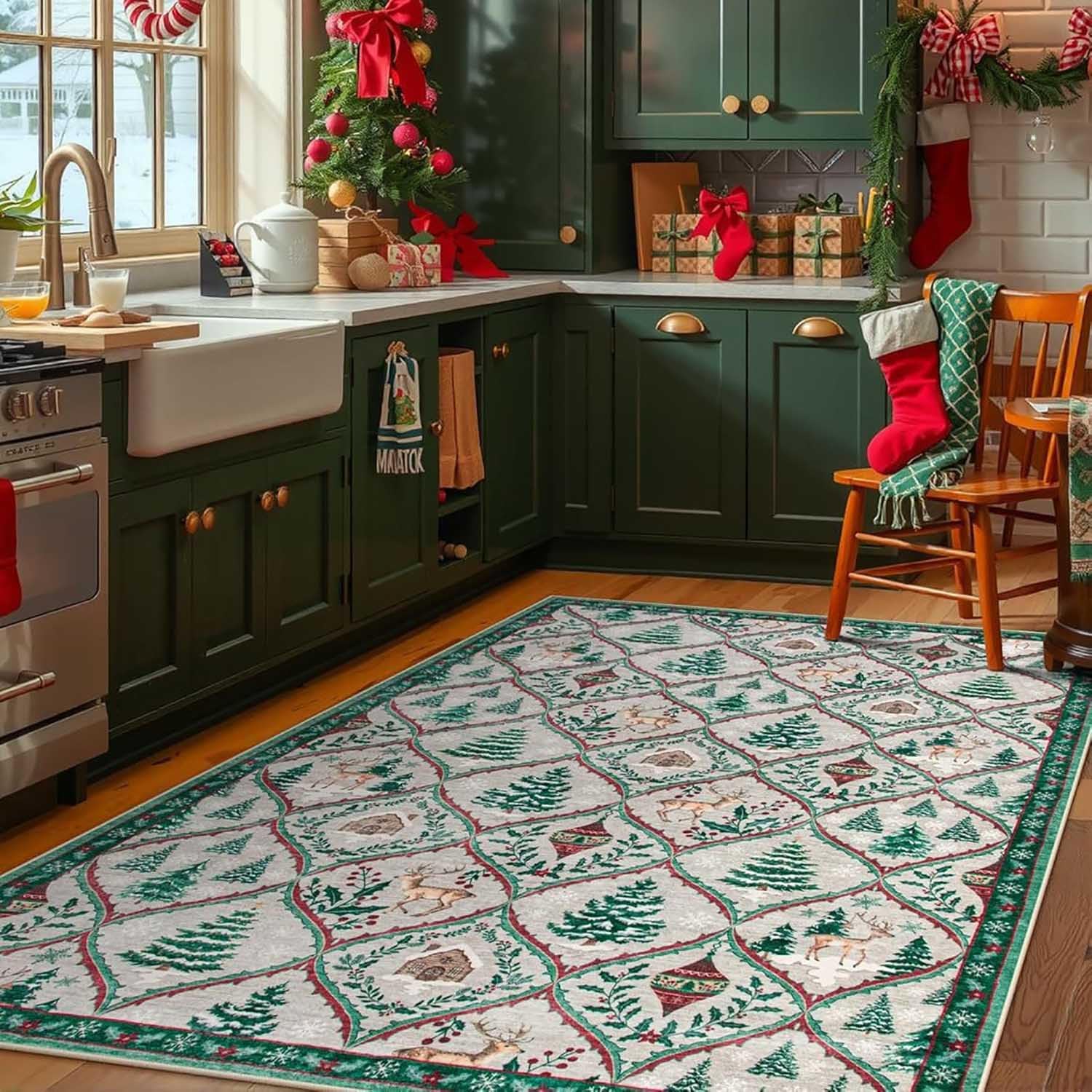 Alfombra Beige Salon Navideña,Alfombra Antideslizante Cocina de Navidad,con Diseño de Campana,Árbol de Navidad y Alce,Grande Alfombras Lavables para Dormitorio Comedor Entrada,B,80x120cm