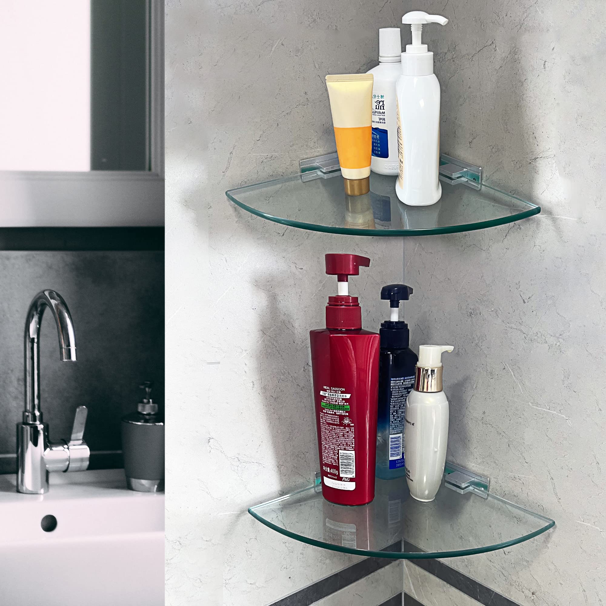 Mensola in vetro temperato da bagno triangolare 8 mm extra spesso 2 pezzi con staffa in alluminio