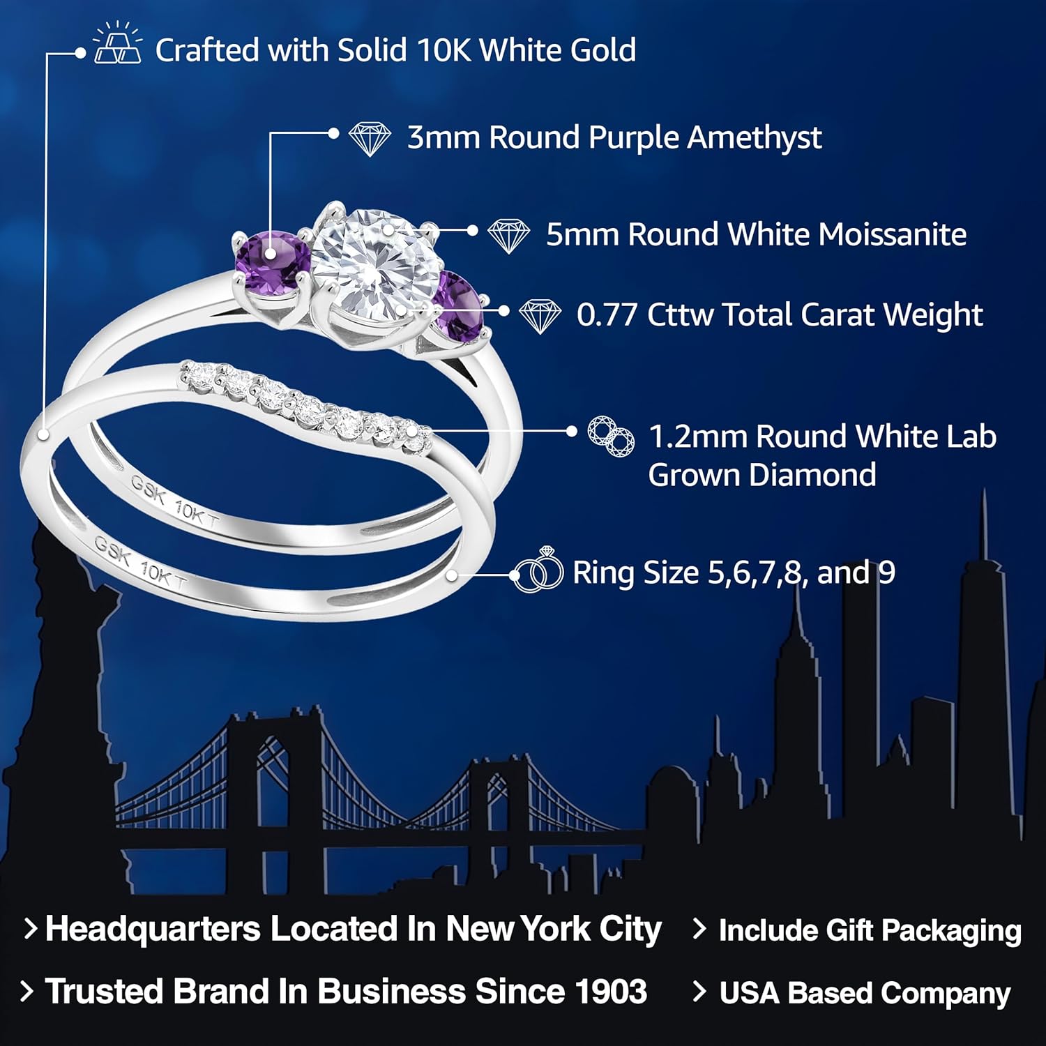 Gem Stone King 10K White Gold Moissanite Amethyst and Lab Grown Diamond 3-Stone Bridal Engagement Wedding Ring Set For Women | 0.77 Cttw | Available In Size 5, 6, 7, 8, 9
