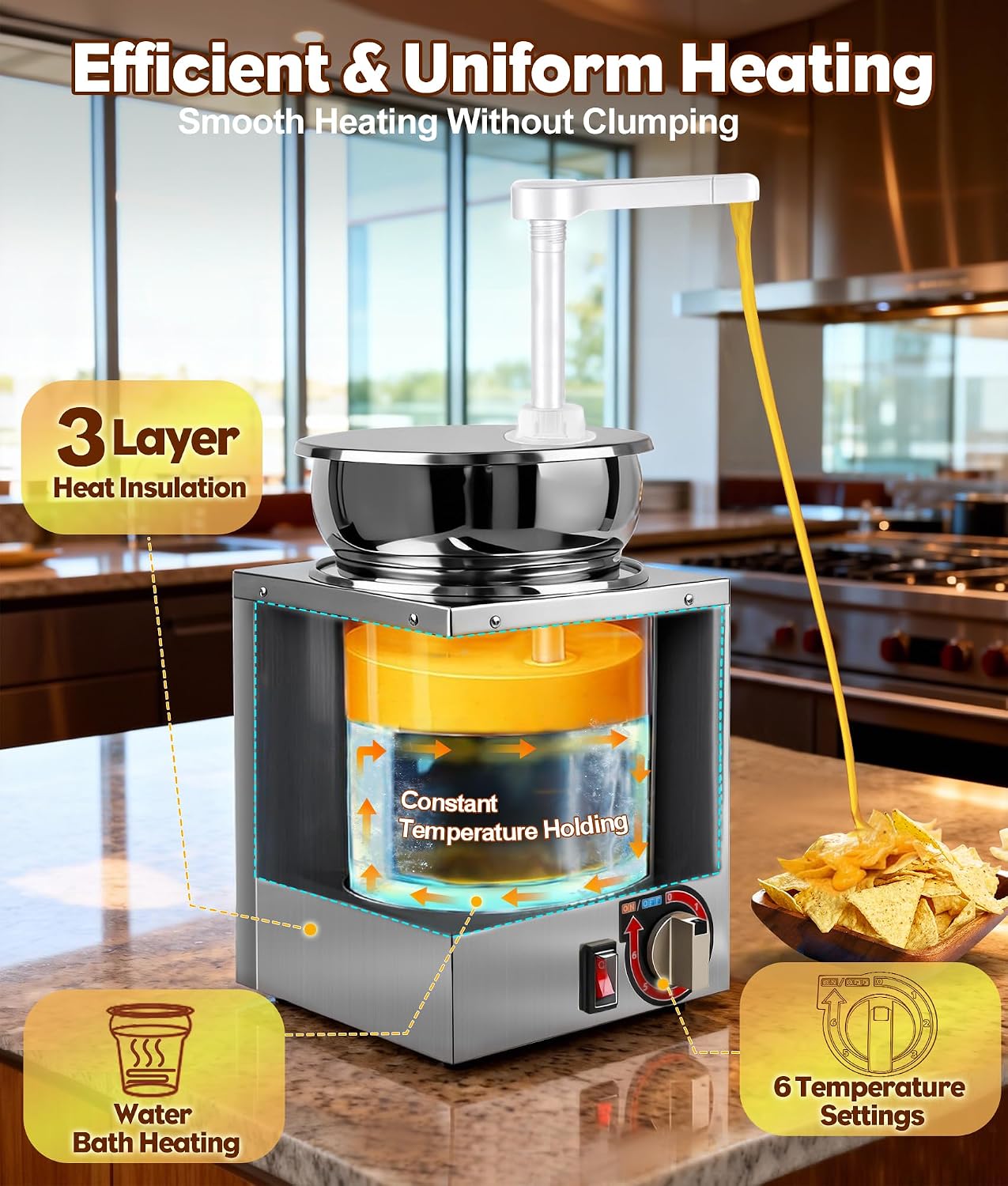 4.8Qt Nacho Cheese Dispenser, Nacho Cheese Warmer with Pump and 6-Level Temperature Adjustment, 600W 86-200℉ Hot Fudge Warmer with, Commercial Sauce Dispenser Machine for Syrup