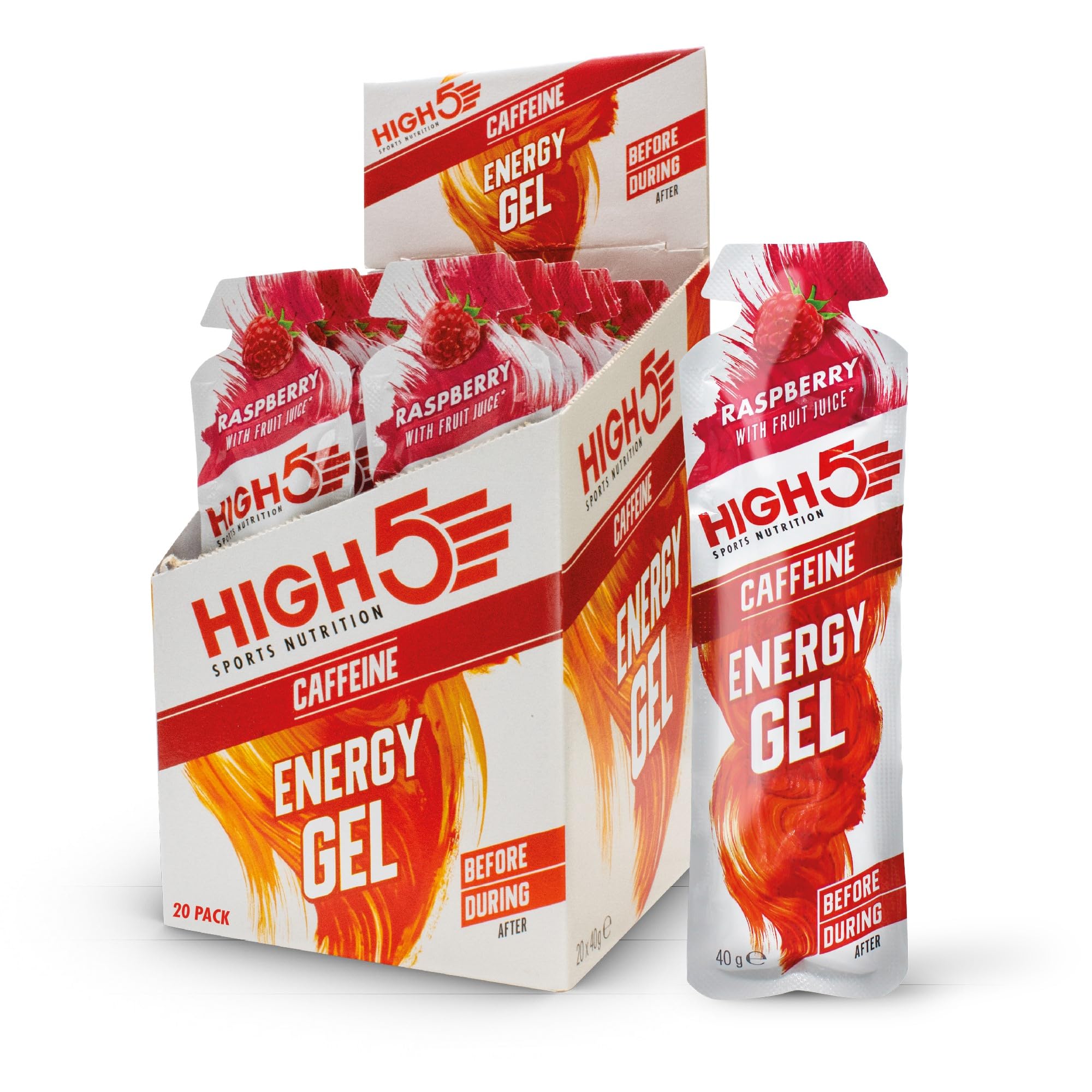 HIGH5 Energy Gel, Energie-Gel im schnell zu öffnenden Portionsbeutel, mit natürlichem Fruchtsaft | (Himbeere Koffein, 20 x 40g)
