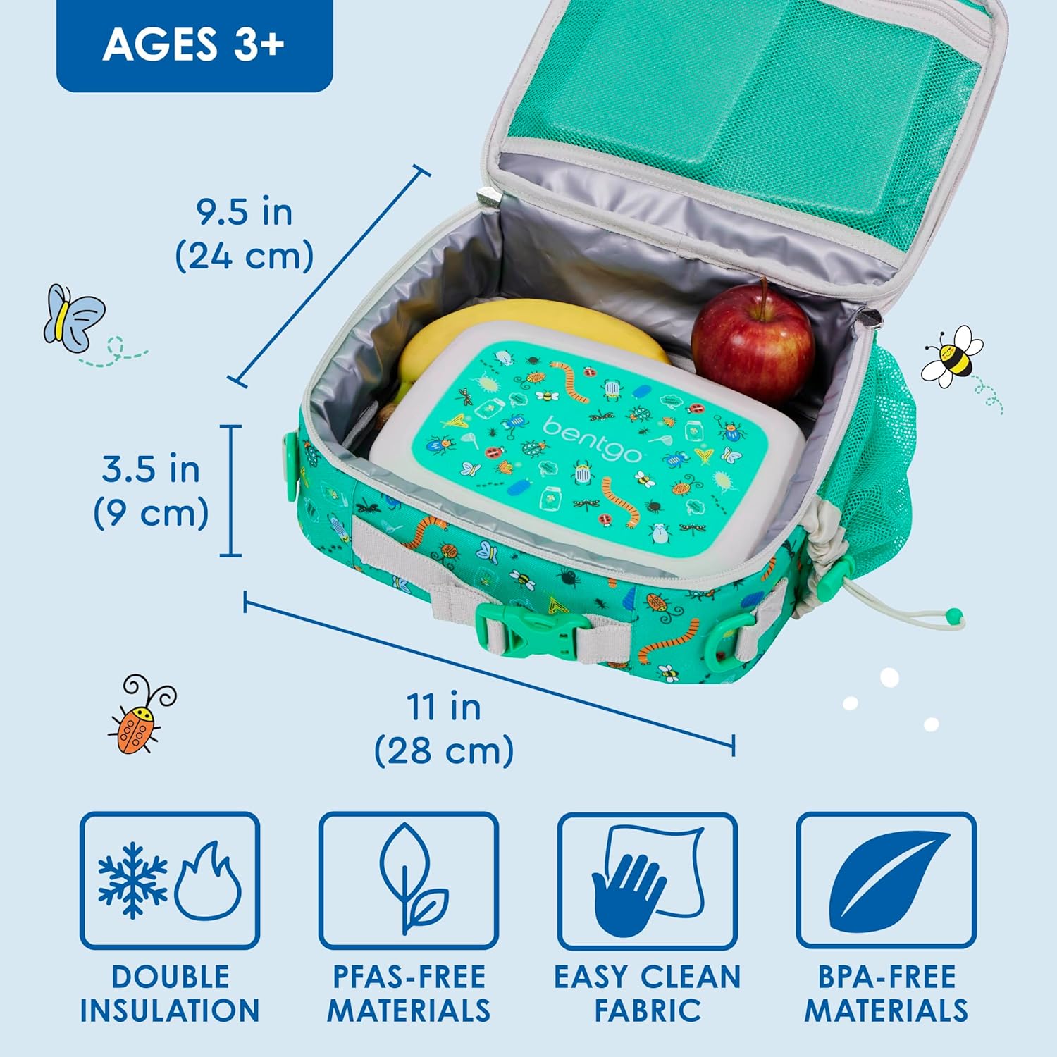 Bentgo Kids Lunch Bag - Durable, Double-Insulated Lunch Bag for Kids 3+; Holds Lunch Box, Water Bottle, & Snacks; Easy-Clean Water-Resistant Fabric & Multiple Zippered Pockets (Bug Buddies) - Image 3