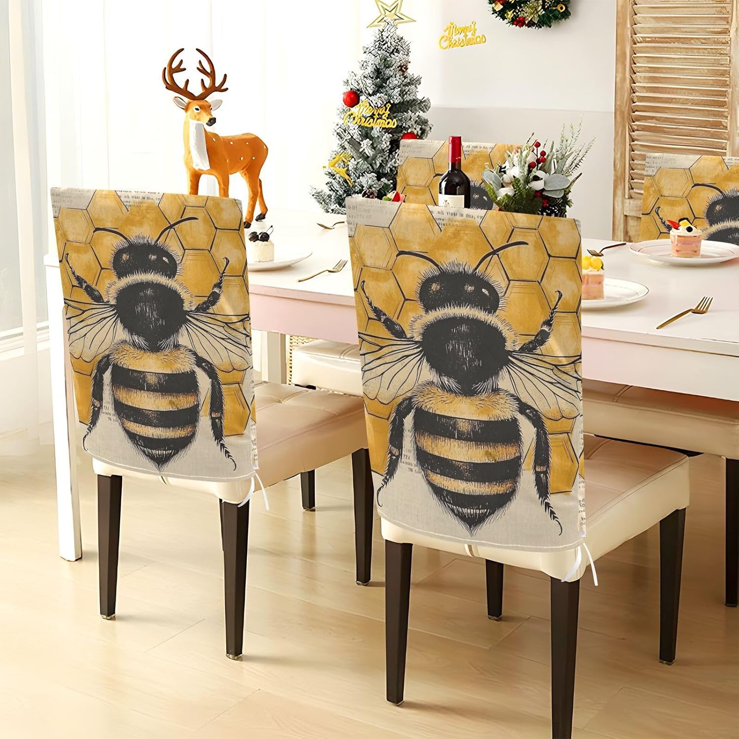 Bee Honey Closeup 6 Pcs Chair Back Covers Dining Chair Slipcovers Washable Back Chair Protectors Covers for Kitchen Home Decor 19.7 x 23.6 Inch
