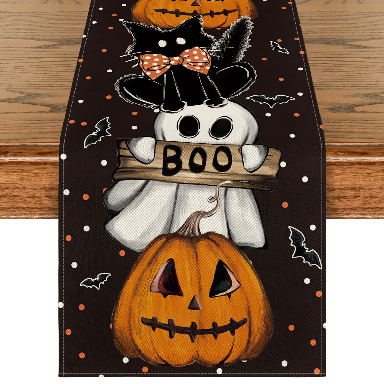 Artoid Mode Polka Dot Fantôme Citrouilles Chat Boo Chemin De Table Halloween, Cuisine Table Décoration Intérieur Vacances Fête Décor 40x140 Cm