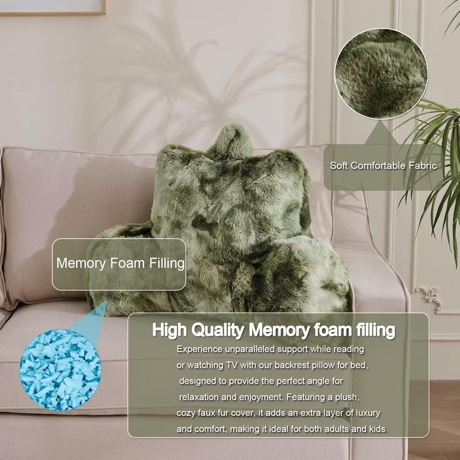 Reading Pillows for Boyfriend Adult,Velvet Back Pillow Bed Wedge Large, Back Rest Support Cushion for Sitting Up in Bed/Couch for Bedrest 18inch-Tie-dye Sage Green - Image 2